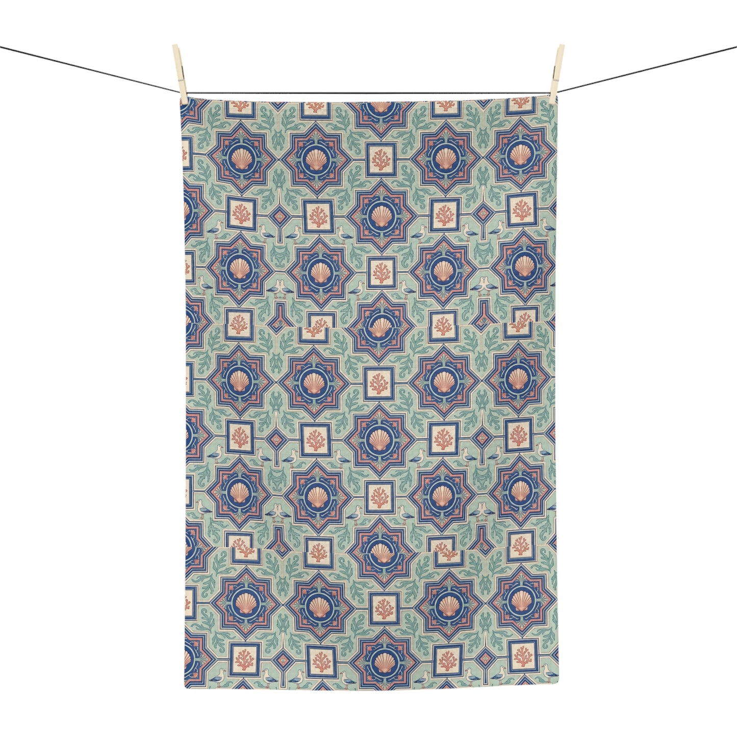 Geometric Moroccan Tile Tea Towel | Blue Green Patterned Kitchen Linen