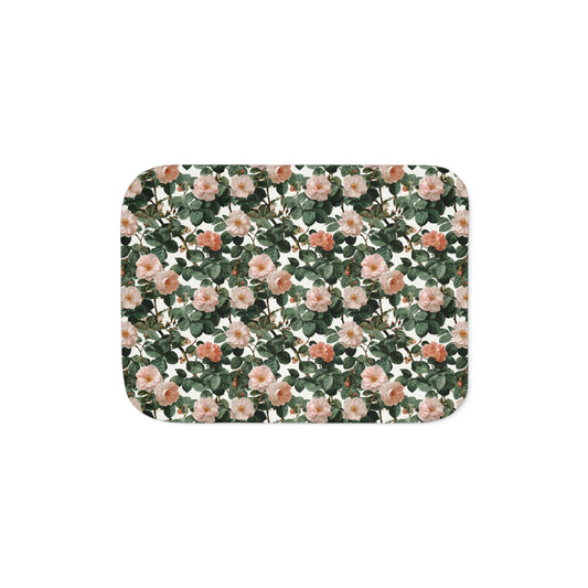 Roses Blossom Floral Sherpa Blanket | Green Leaves, Cozy Reversible Throw