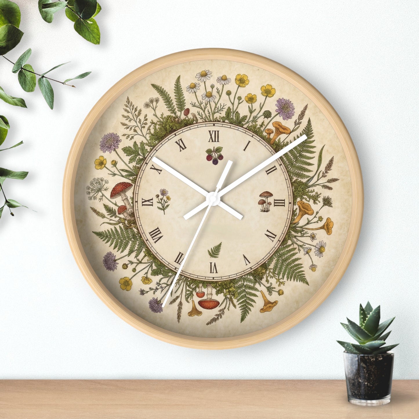 Vintage Botanical Wreath Wall Clock | Floral Ferns, Mushrooms, Roman Numerals