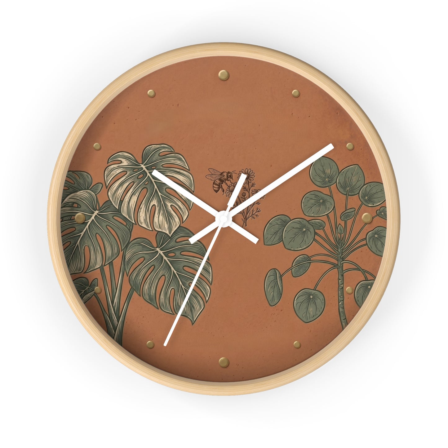 Monstera & Pilea Illustration Wall Clock | Terracotta Botanical Clock