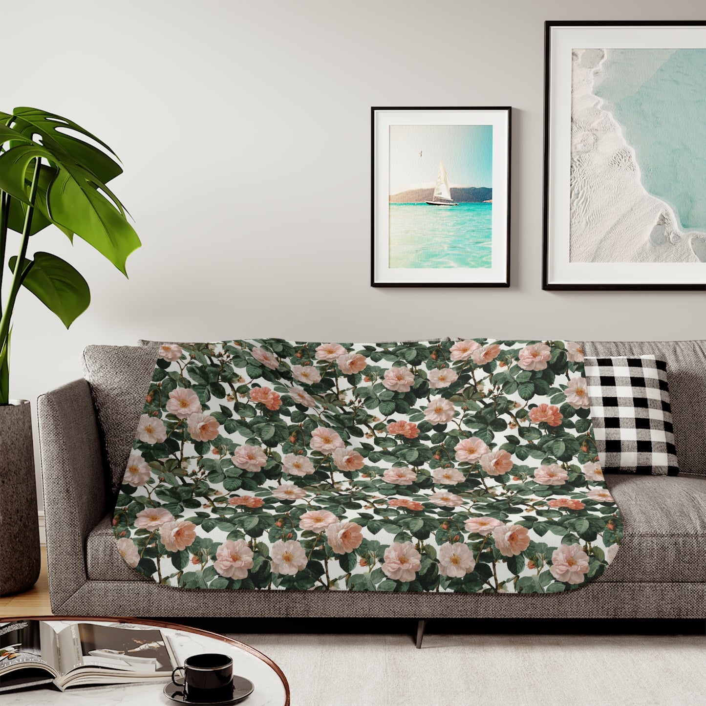 Roses Blossom Floral Sherpa Blanket | Green Leaves, Cozy Reversible Throw