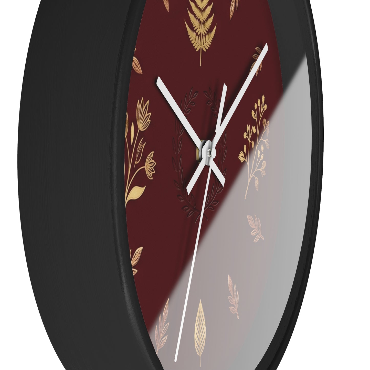 Gold Botanical Leaves Wall Clock | Maroon Floral Fern Home Decor
