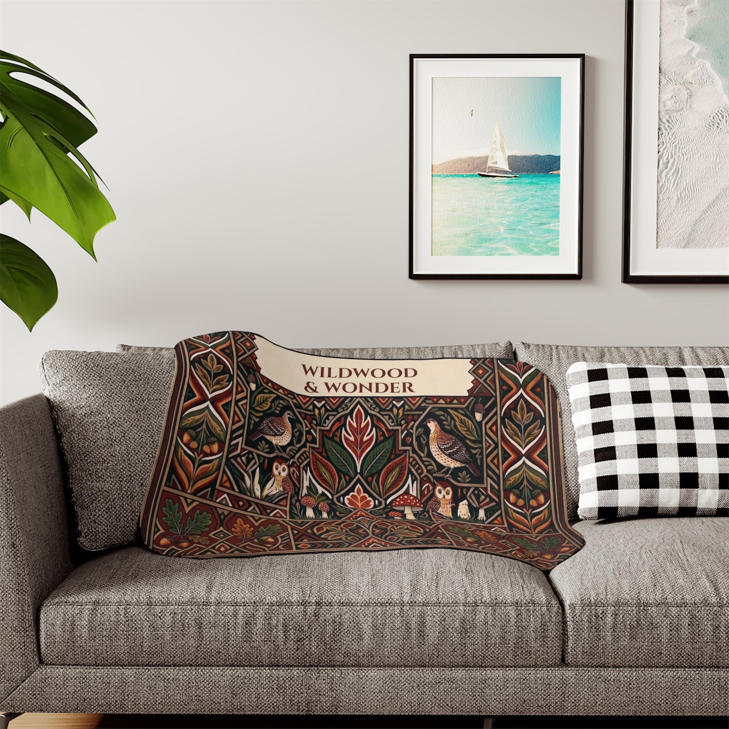 Autumn Bird and Botanical Pattern Sherpa Blanket, Personalized Text