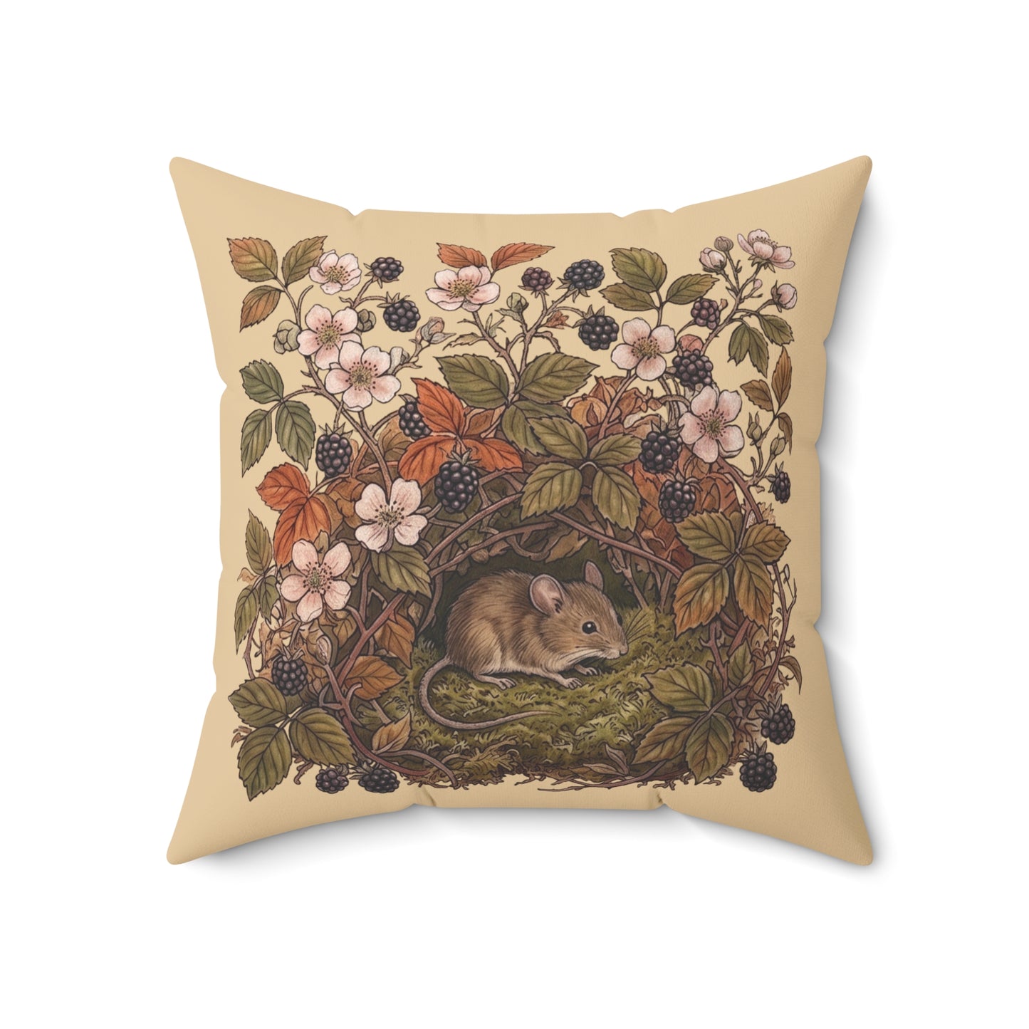 Woodland Mouse Nest Pillow | Vintage Botanical Brambles Illustration