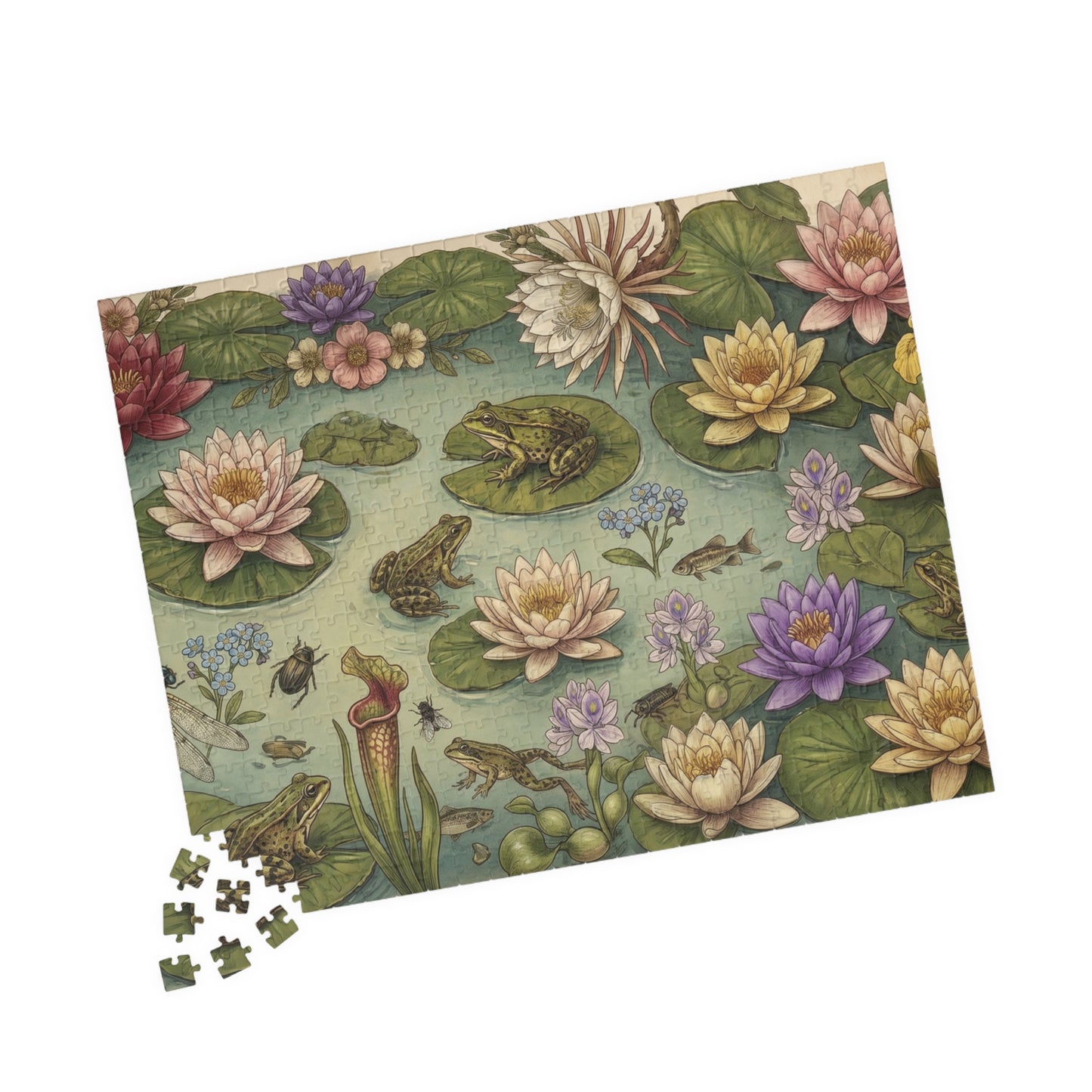 Frogs and Waterlilies Puzzle 110, 252, 520, 1014-piece | Botanical Pond Jigsaw