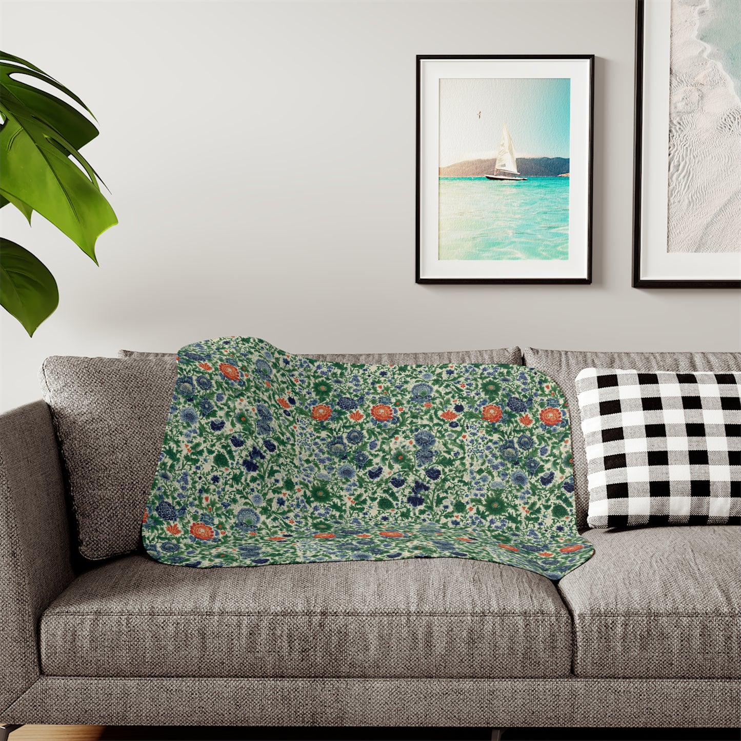 Floral Botanical Pattern Sherpa Blanket | Green Orange Vintage Garden
