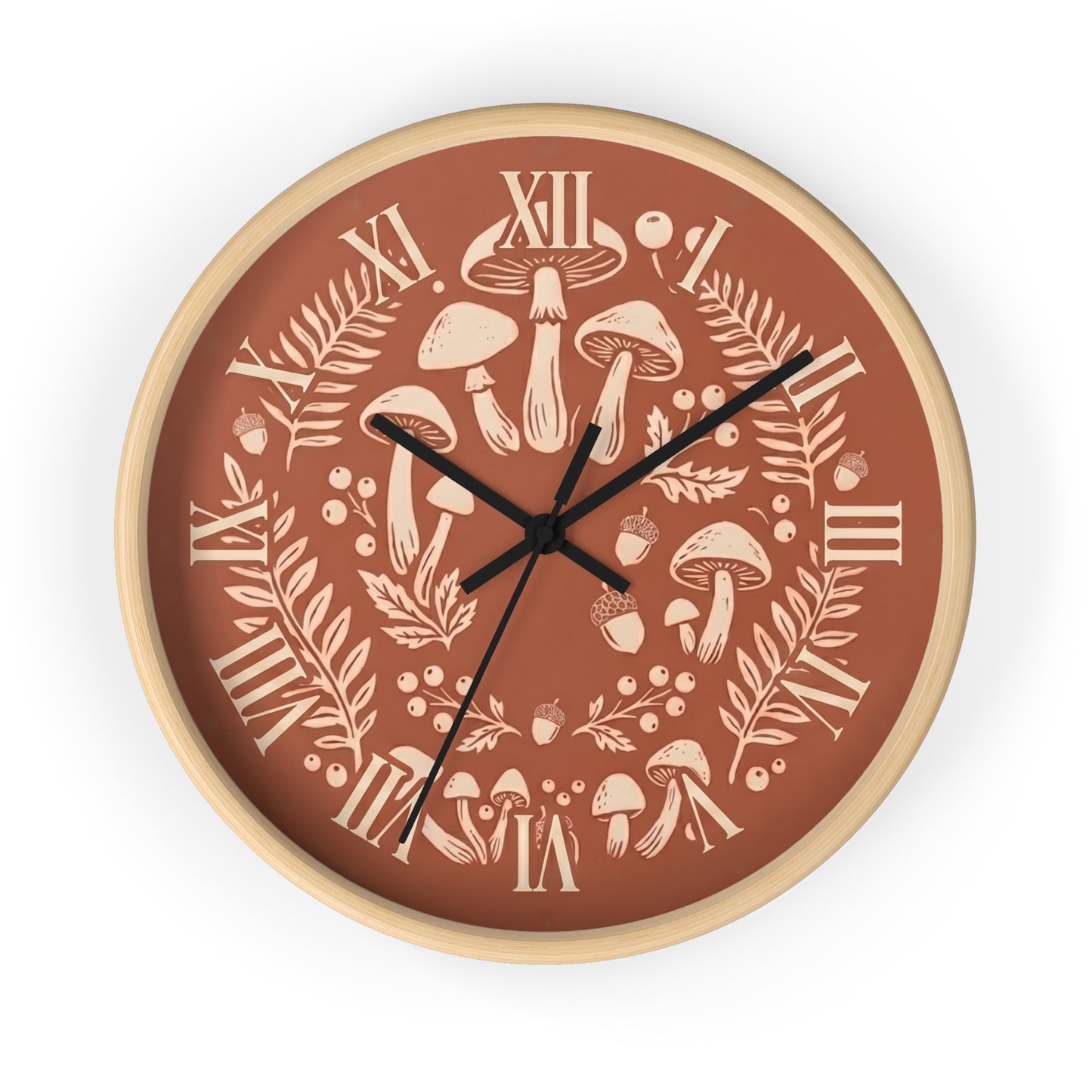 Mushroom Wreath Wall Clock | Botanical Fungi Illustration, Roman Numerals