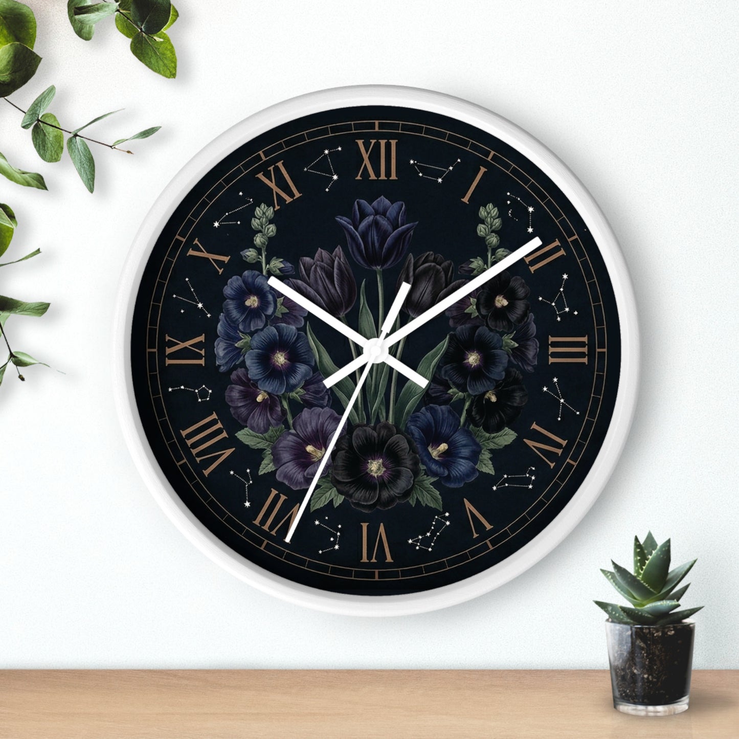 Midnight Violet Florals Wall Clock | Roman Numerals, Constellation Accents