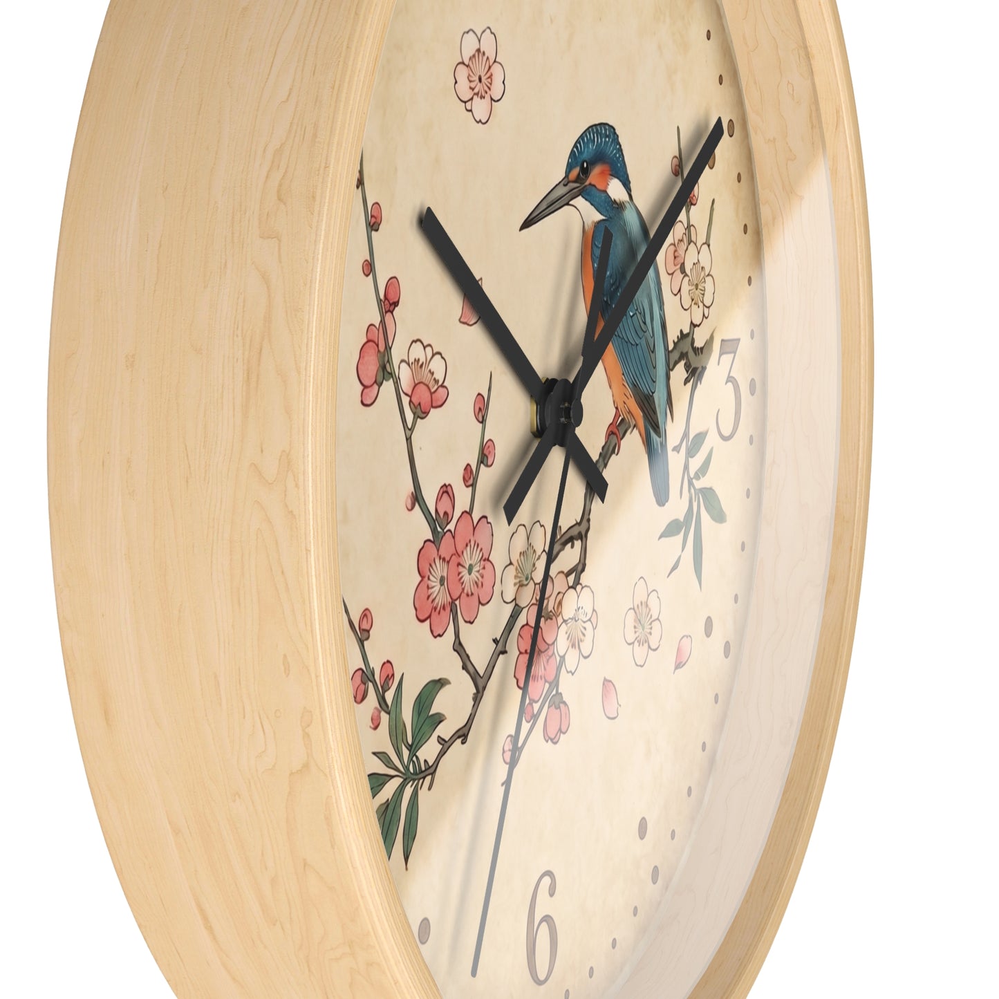 Kingfisher on Cherry Blossom Wall Clock | Kacho-ga Vintage Japanese Bird Floral Clock