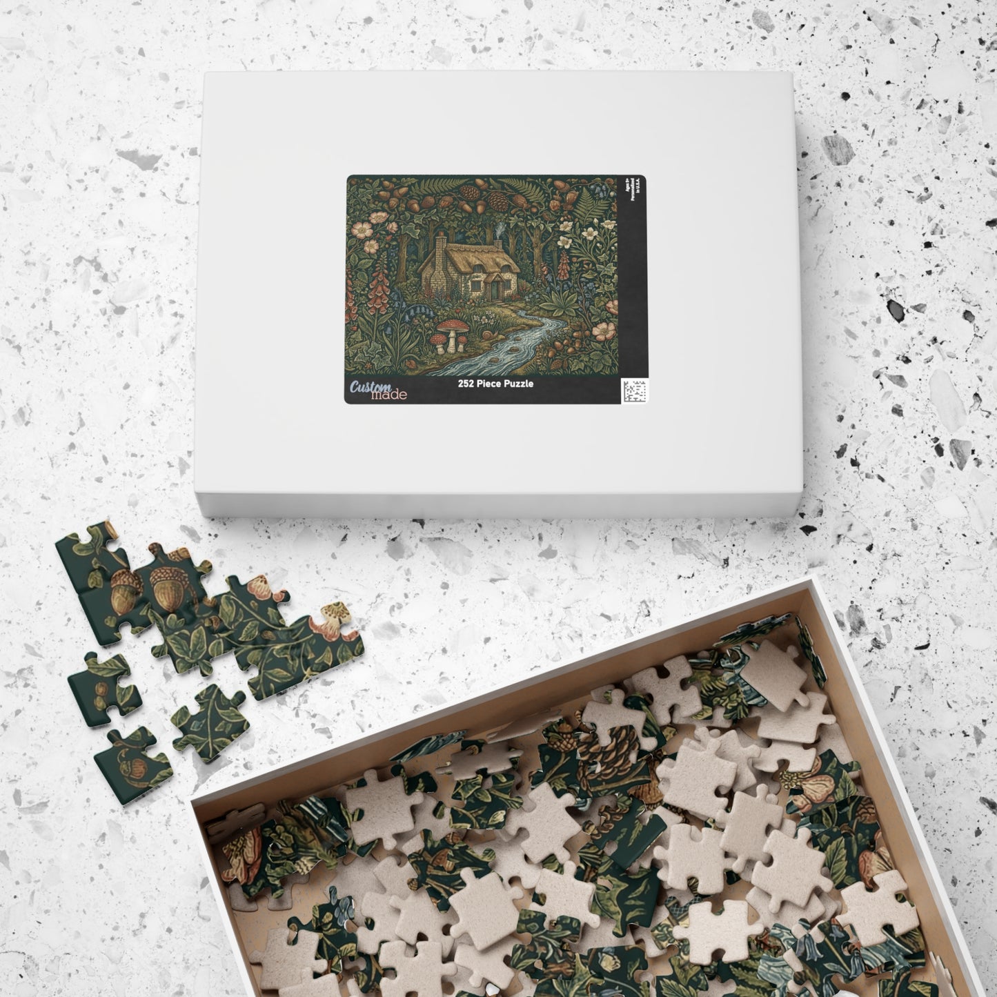 Cottage in Enchanted Forest Puzzle | 110, 252, 520, or 1014 Piece Woodland River Illustration