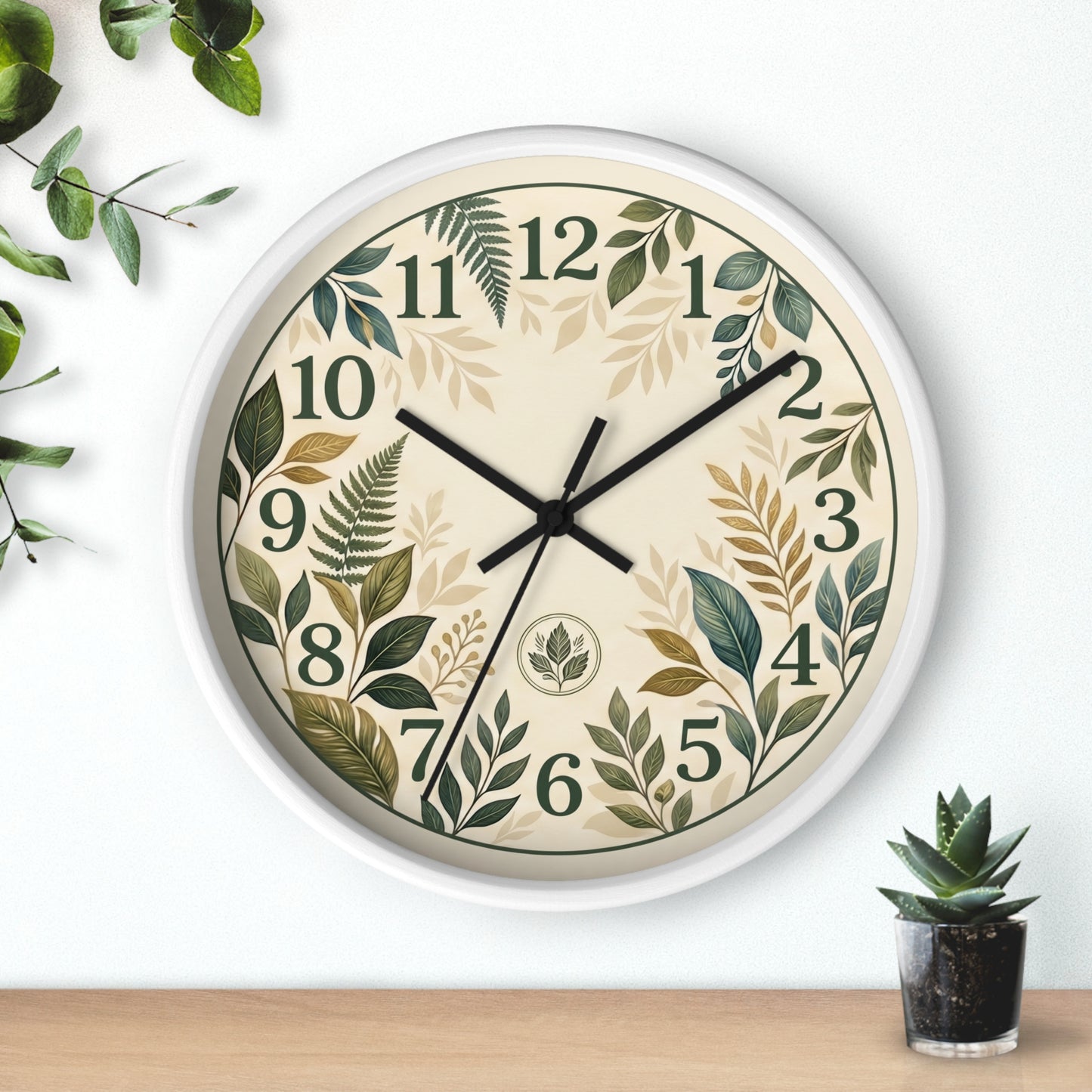 Botanical Leaves Wall Clock | Green Foliage Numbers, Neutral Rustic Decor