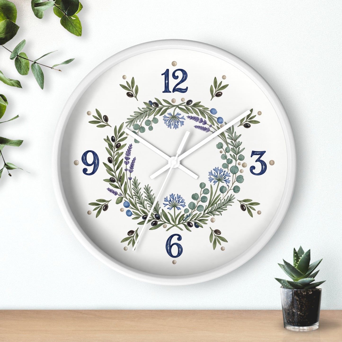 Botanical Wreath Wall Clock | Floral Laurel Timepiece, Blue Numbers