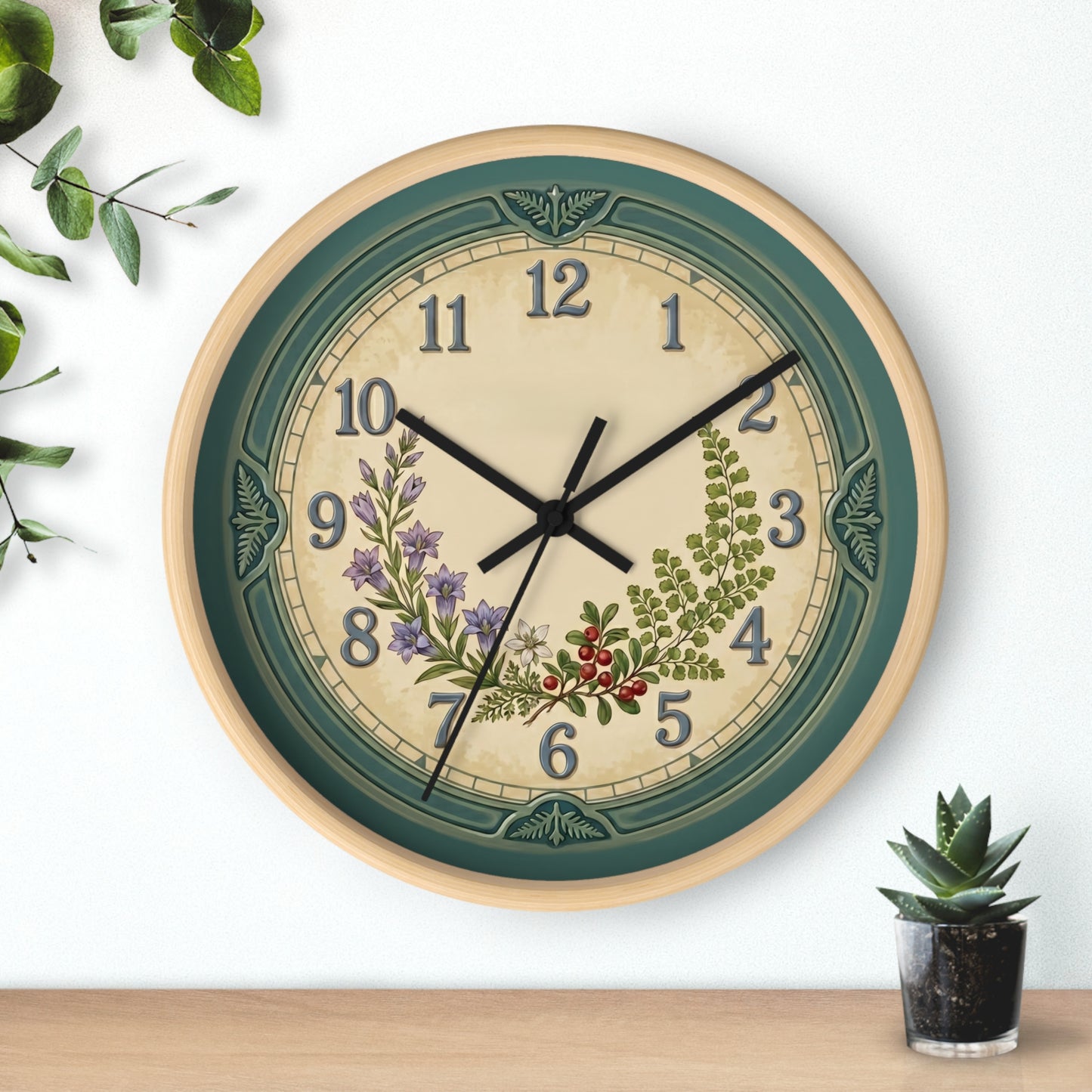 Coastal Turquoise Botanical Wall Clock | Lavender, Fern & Berries Clock