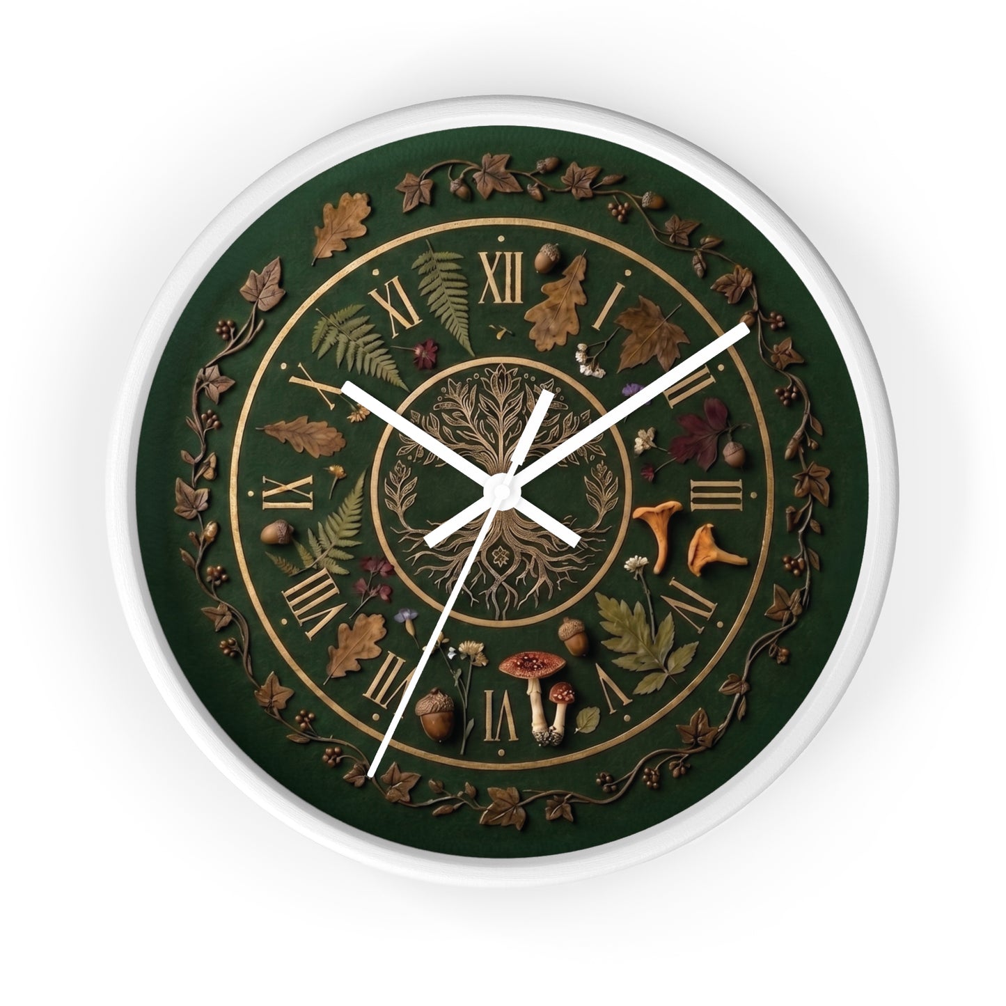 Woodland Tree of Life wall clock | Botanical, mushrooms, fern, roman numerals | Realistic Illustration | Witchy Nature