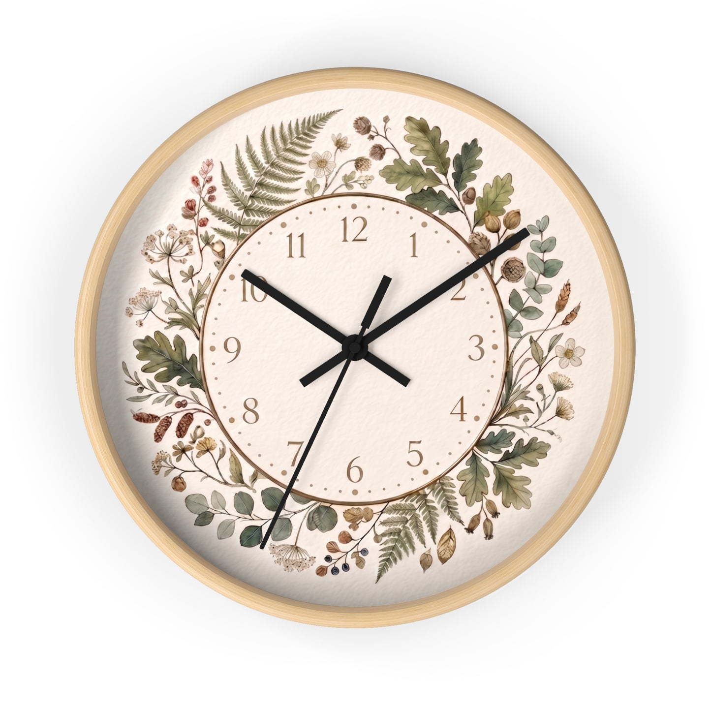 Botanical Wreath Wall Clock | Floral Foliage Illustration Clock, Neutral Nature Home Decor
