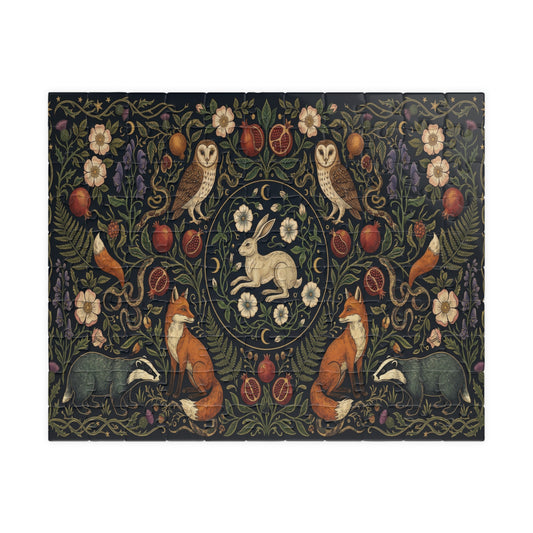 Dark Cottagecore Puzzle - William Morris Style Jigsaw Puzzle - Night Garden Hare & Fox Art - 110, 252, 520 or 1014 Piece Jigsaw