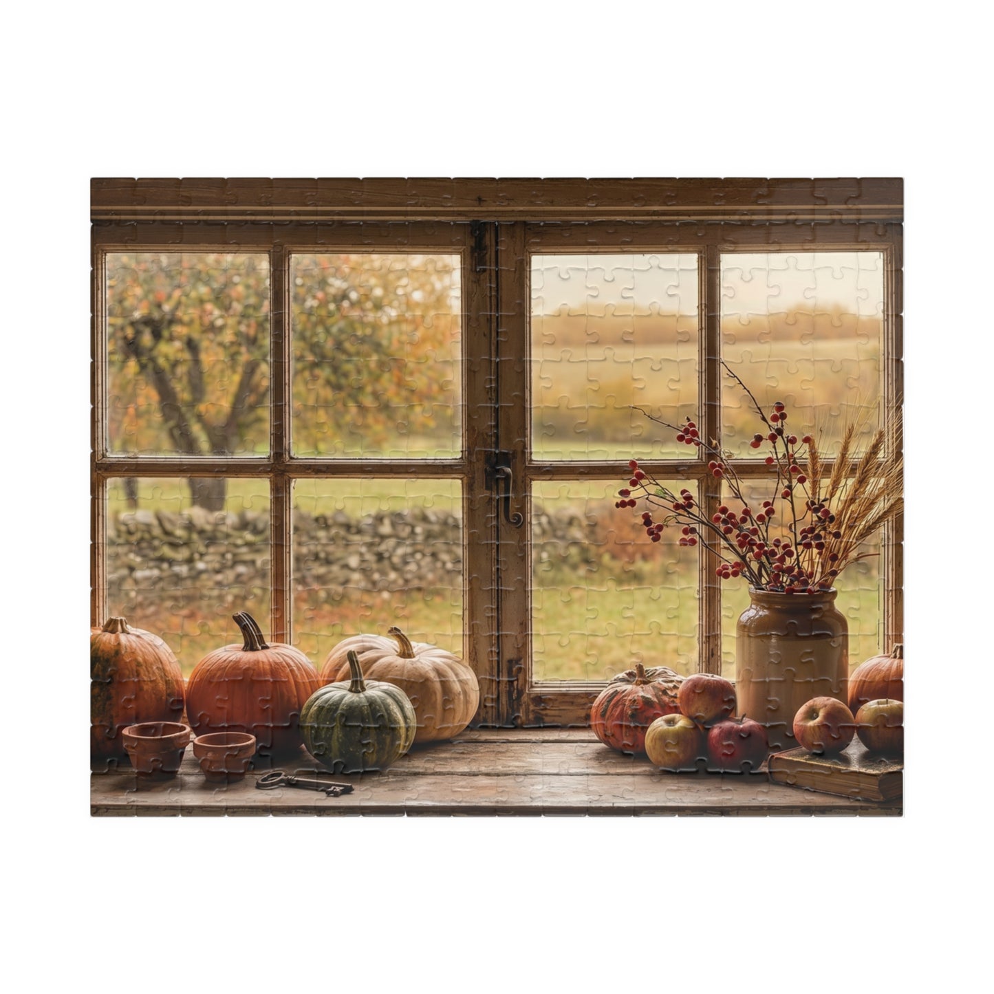 Autumn Harvest Window Puzzle 110, 252, 520, or 1014 Pieces | Fall Pumpkins Apples Still Life