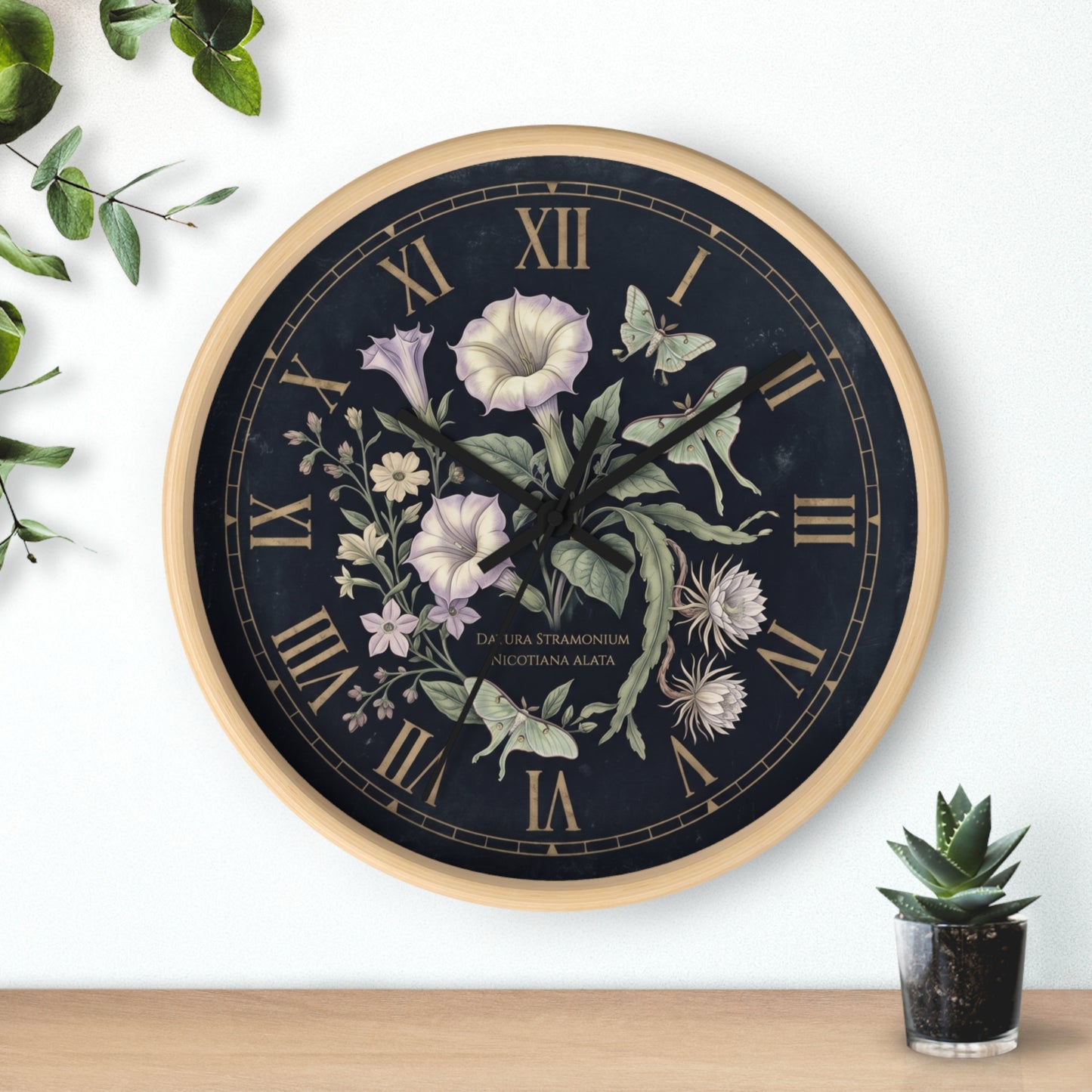 Datura Stramonium Illustration  Wall Clock | Vintage Botanical Floral, Roman Numerals, Dark Background