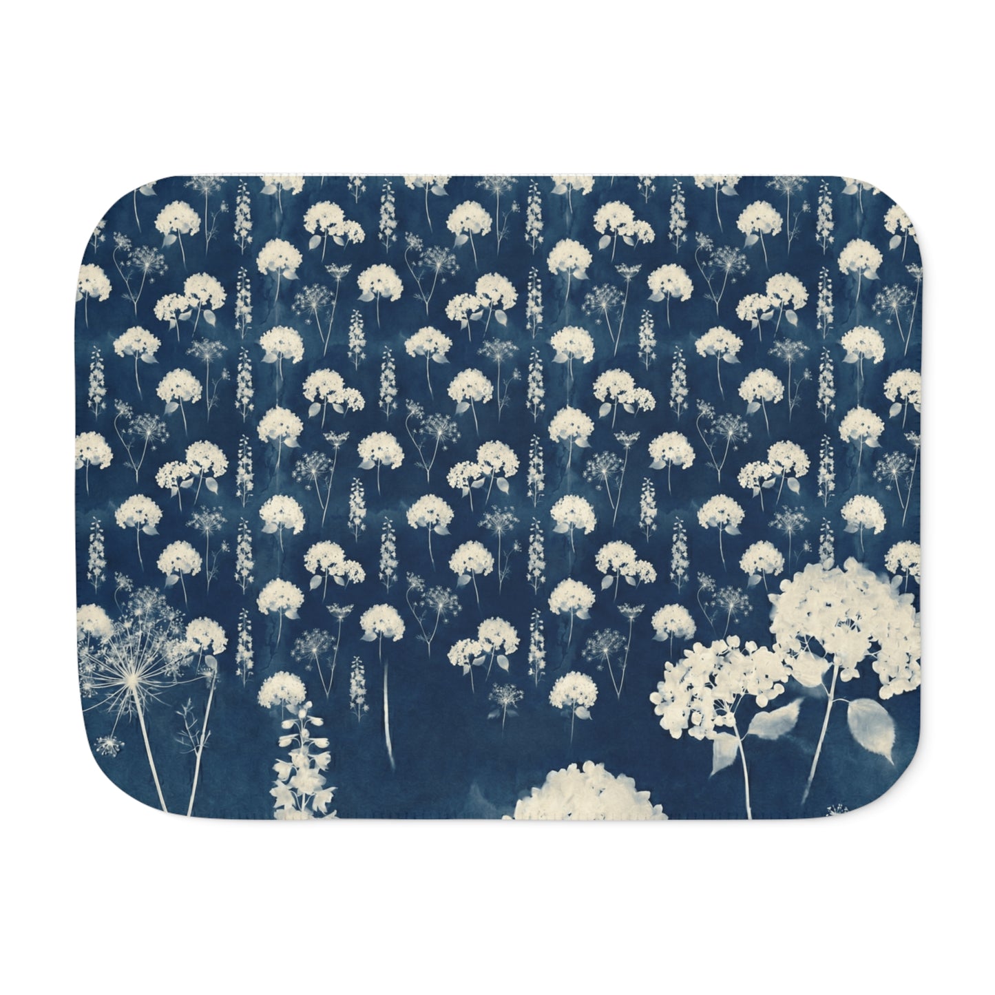 White Queen Anne's Lace Pattern Sherpa Blanket | Indigo Floral Print