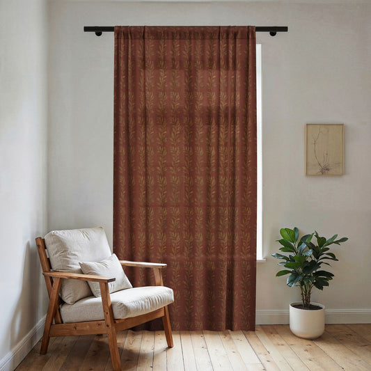 Rust Botanical Pattern Sheer Window Curtain | Terracotta Wheat Motif
