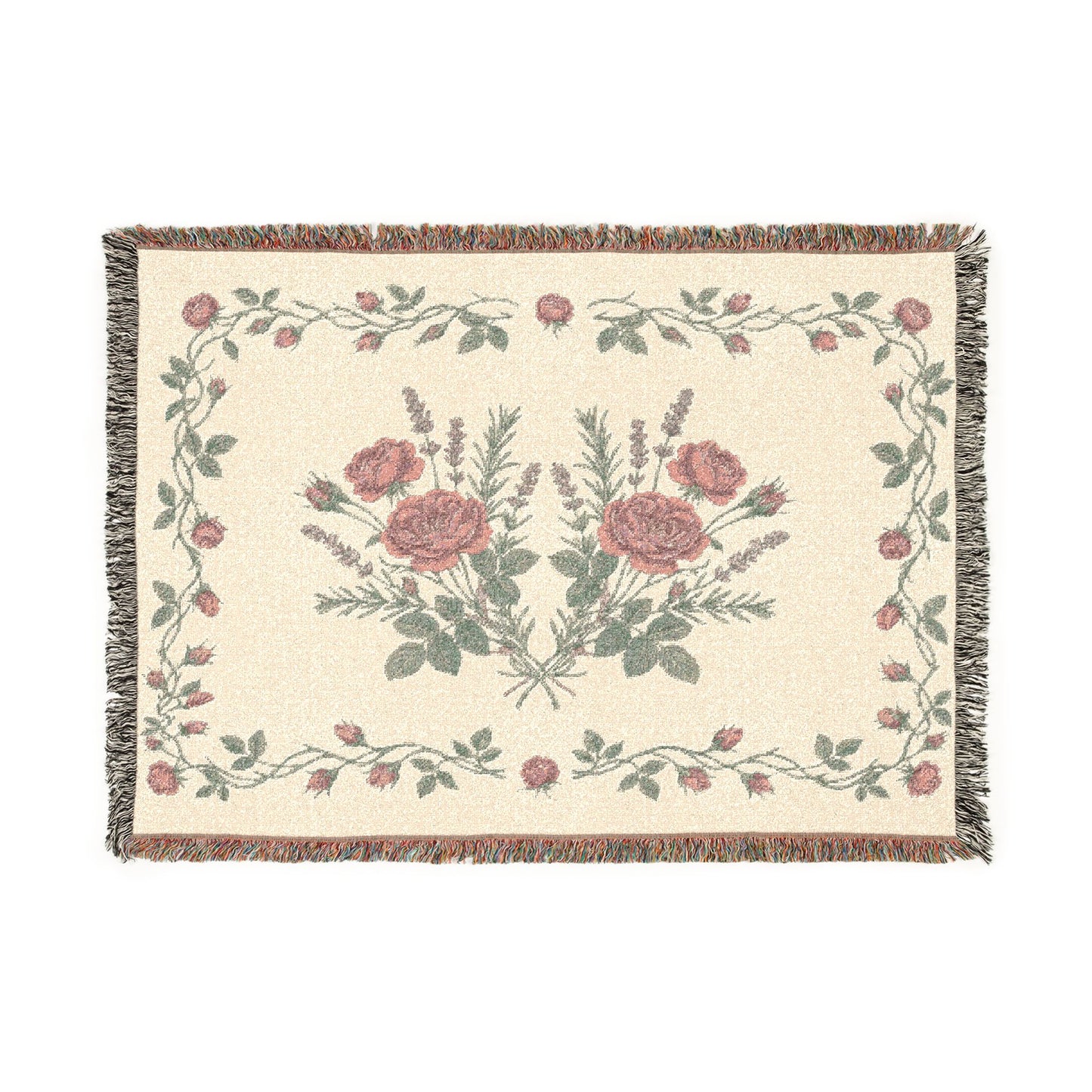 Vintage Rose Lavender Floral Woven Blanket | Tapestry Throw, Floral Fringe