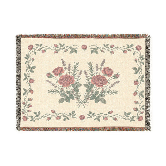 Vintage Rose Lavender Floral Woven Blanket | Tapestry Throw, Floral Fringe