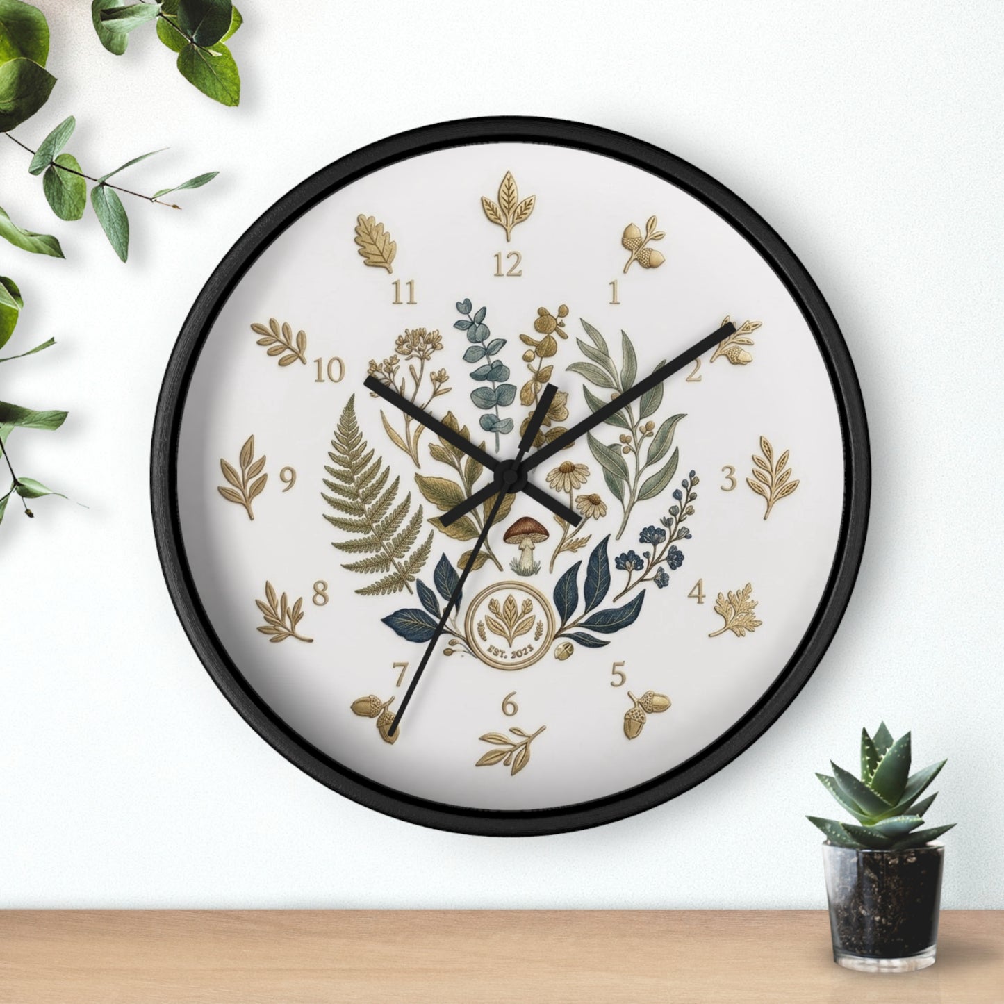 Botanical Wreath Wall Clock | Floral Fern Eucalyptus Illustration