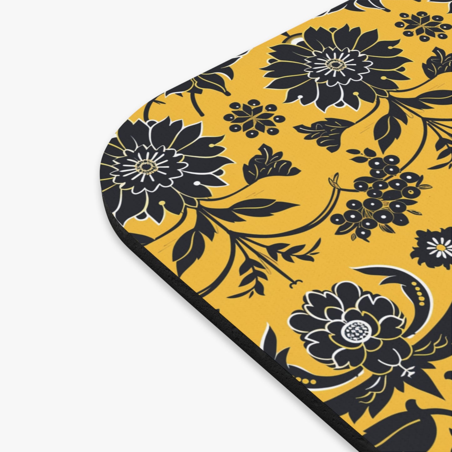 Black Damask Floral Pattern Mouse Pad | Yellow Background, Rectangle
