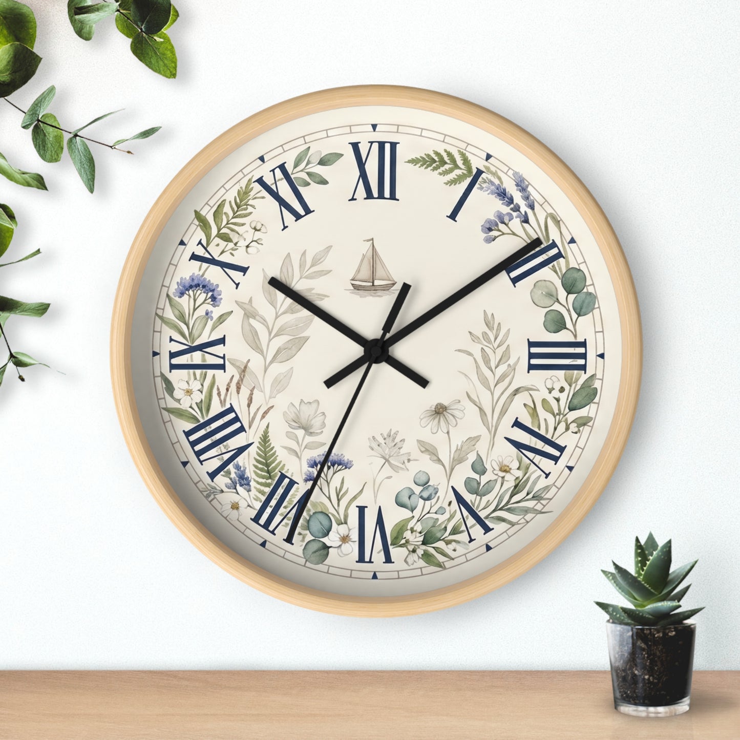 Nautical Floral Roman Numeral Wall Clock | Coastal and Greenery