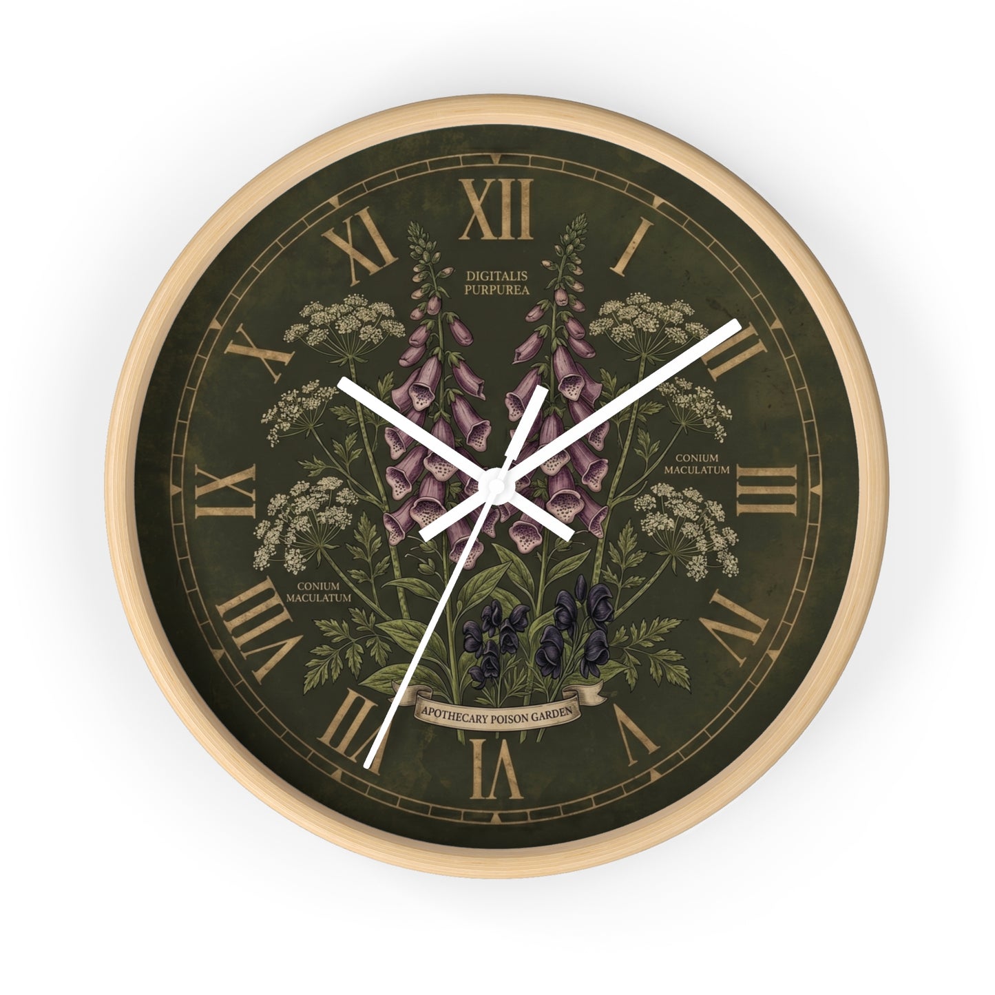 Vintage Botanical Foxglove Wall Clock | Apothecary Poison Garden, Roman Numerals, Dark Green Floral