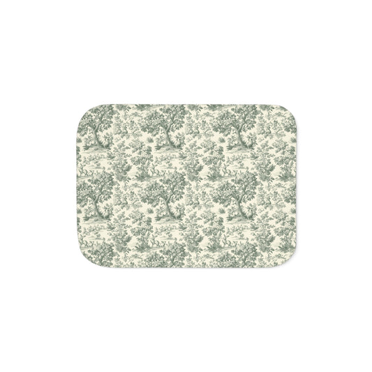 Toile de Jouy Cottage Pattern Sherpa Blanket | Vintage Scenic Toile, Cozy Throw