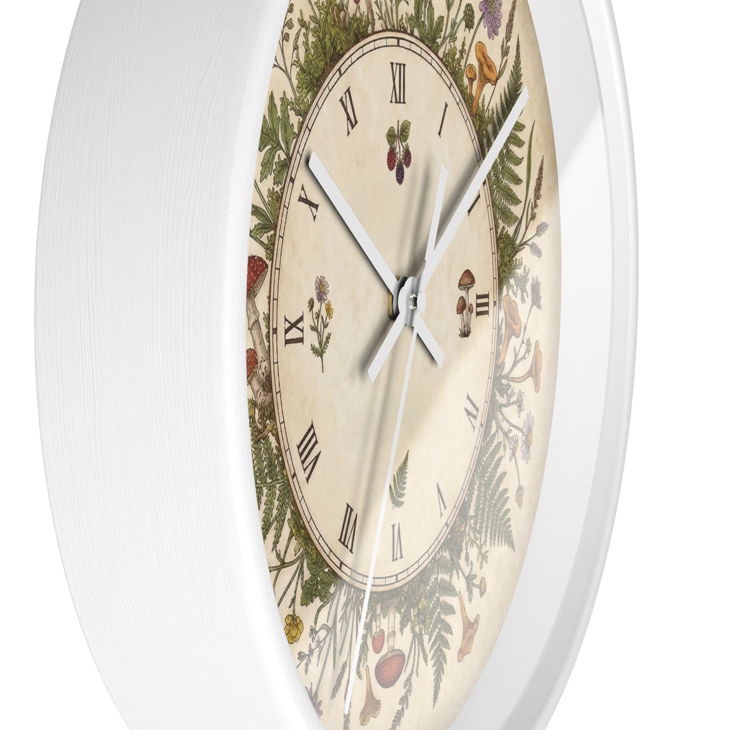 Vintage Botanical Wreath Wall Clock | Floral Ferns, Mushrooms, Roman Numerals