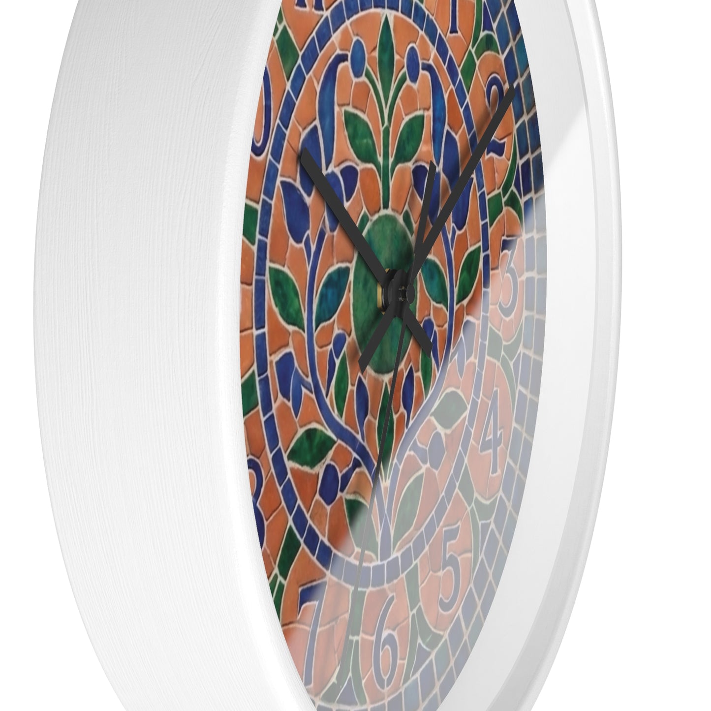 Mosaic Style Wall Clock - Terracotta Azure Blue Floral Print, Mediterranean Botany Decor