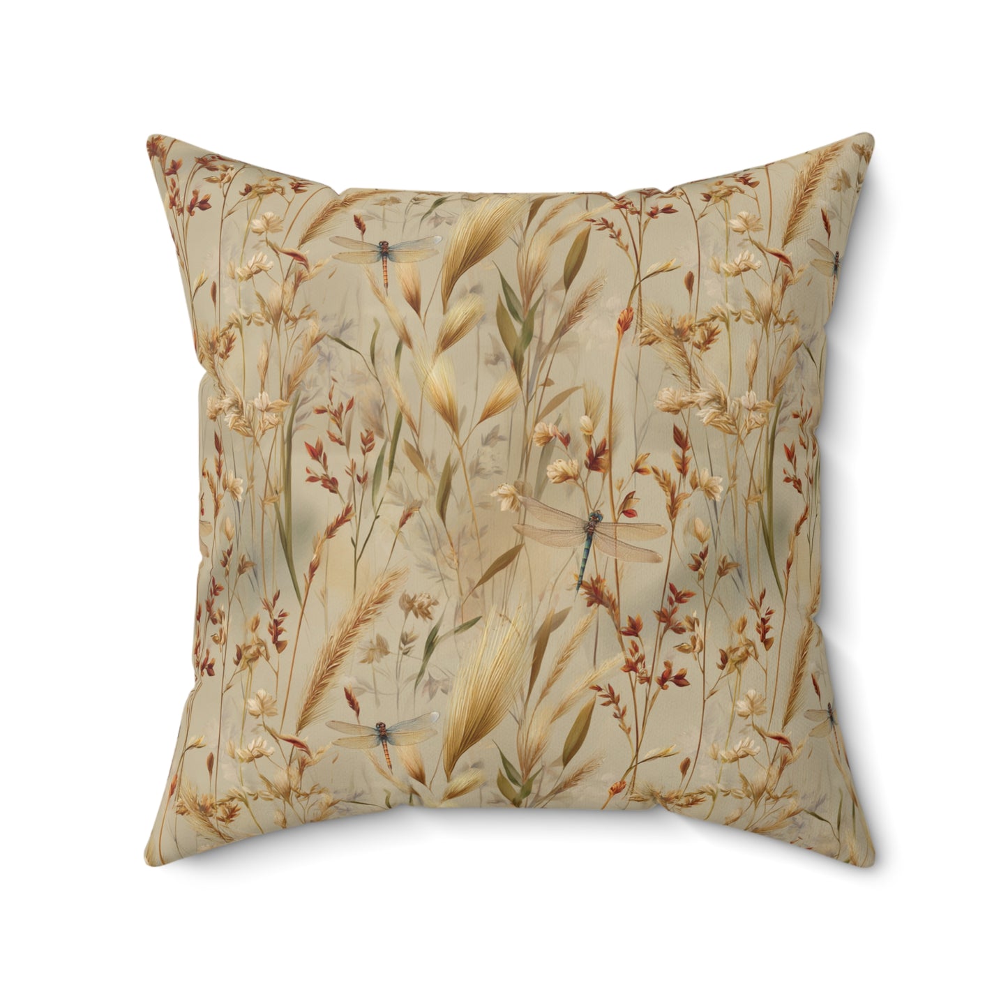 Neutral Botanical Print Pillow | Dried Wildflower Dragonfly Pattern, Square Throw Pillow