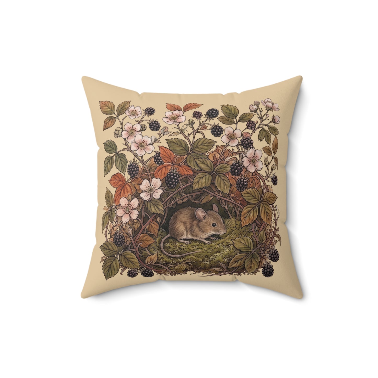 Woodland Mouse Nest Pillow | Vintage Botanical Brambles Illustration