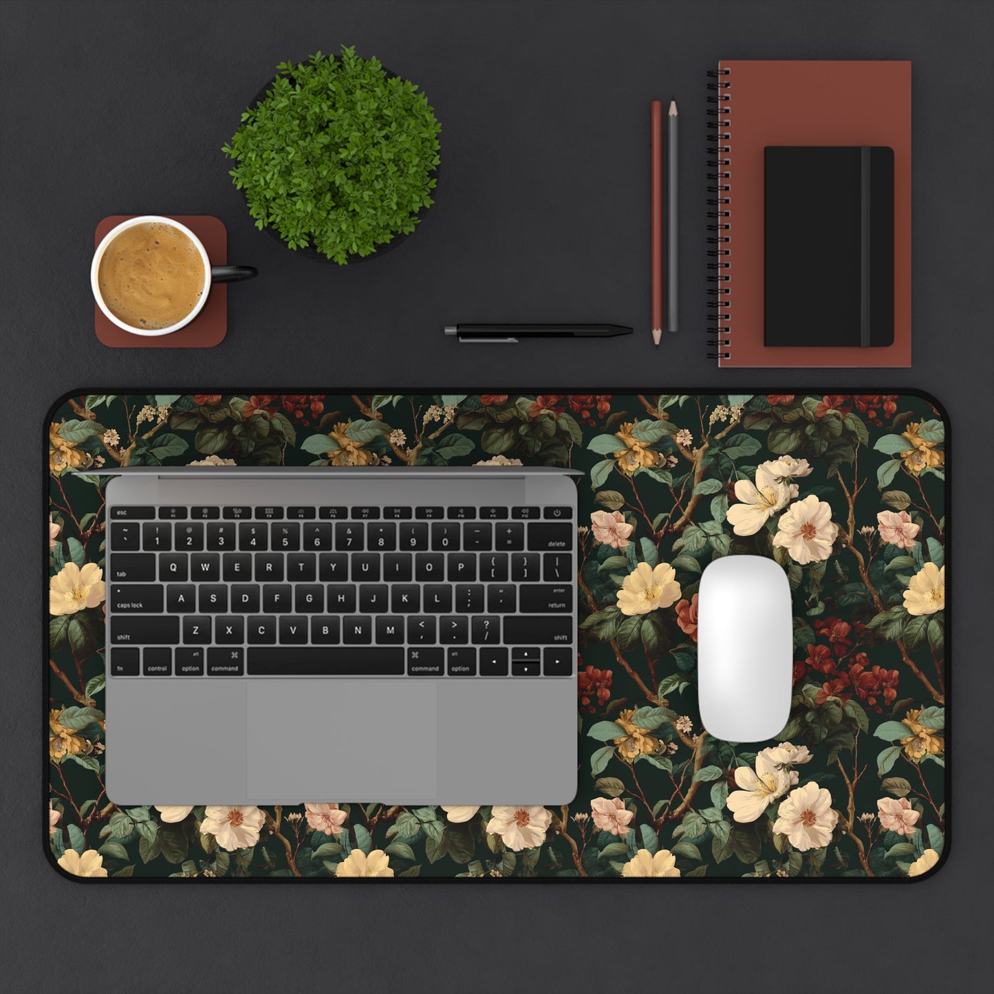 Vintage Botanical Floral Desk Mat | Dark Green Rose Pattern