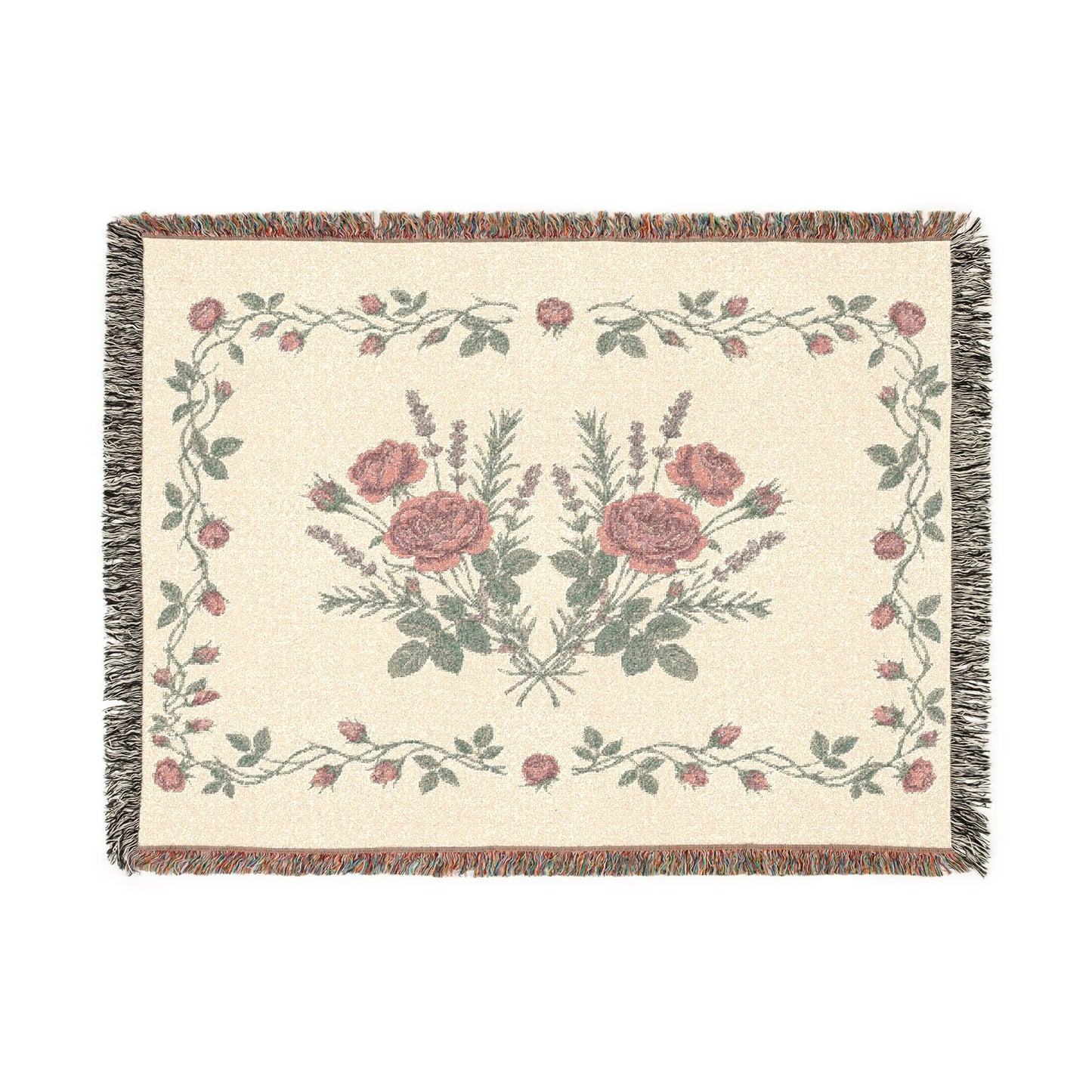 Vintage Rose Lavender Floral Woven Blanket | Tapestry Throw, Floral Fringe