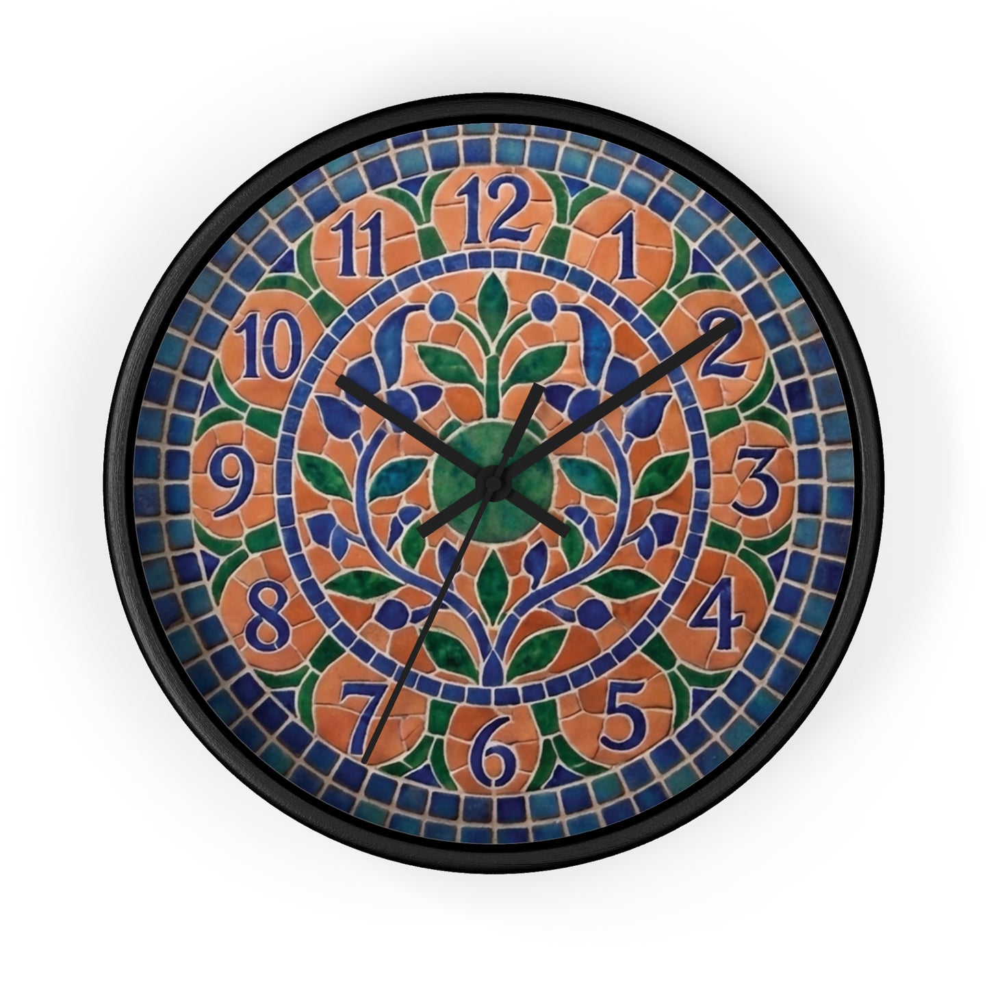 Mosaic Style Wall Clock - Terracotta Azure Blue Floral Print, Mediterranean Botany Decor