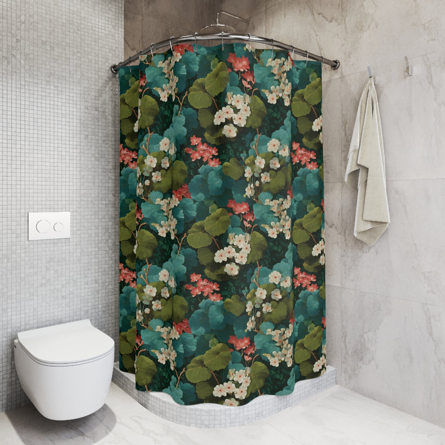 Vintage Botanical Floral Shower Curtain | Green Teal Foliage Pattern