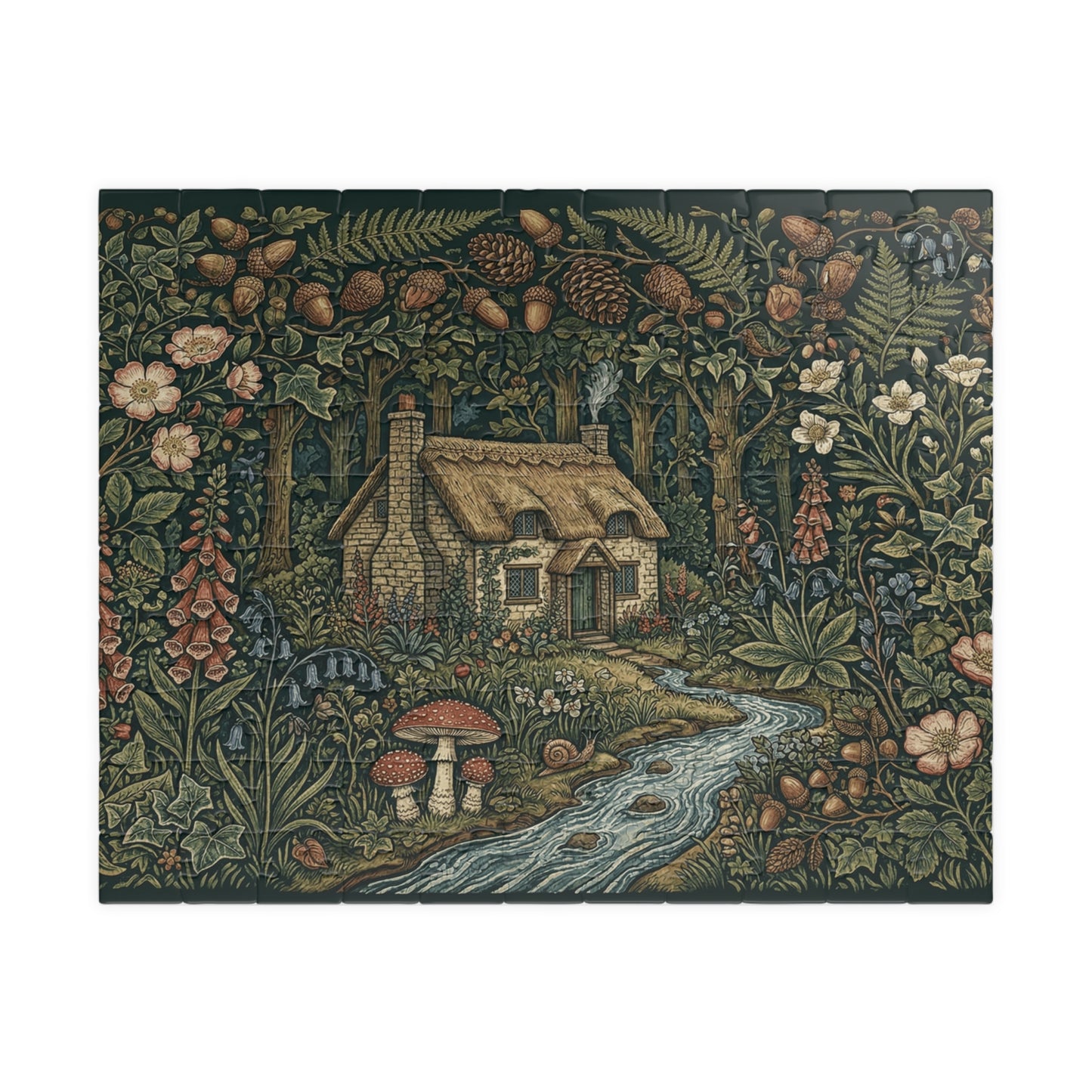 Cottage in Enchanted Forest Puzzle | 110, 252, 520, or 1014 Piece Woodland River Illustration