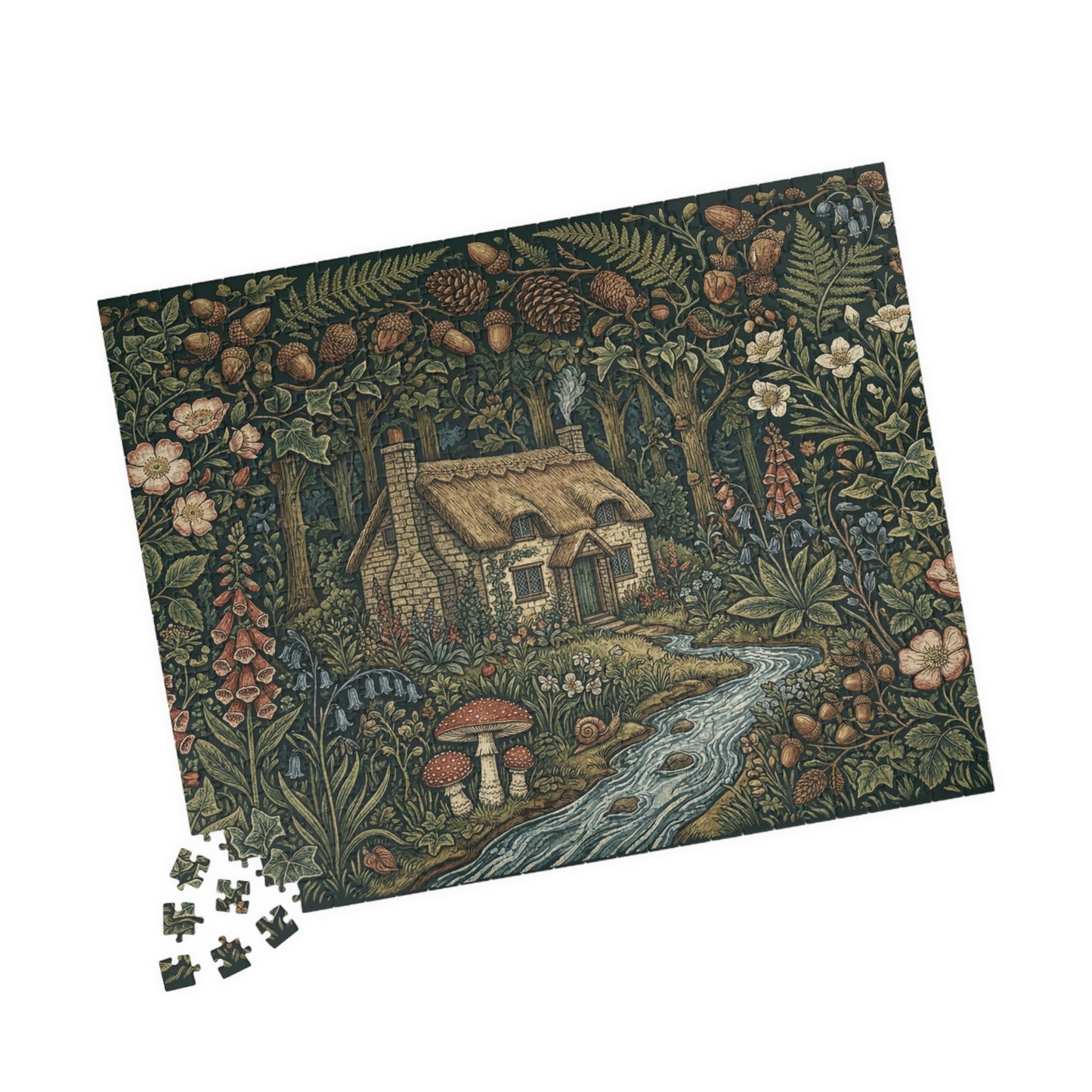 Cottage in Enchanted Forest Puzzle | 110, 252, 520, or 1014 Piece Woodland River Illustration