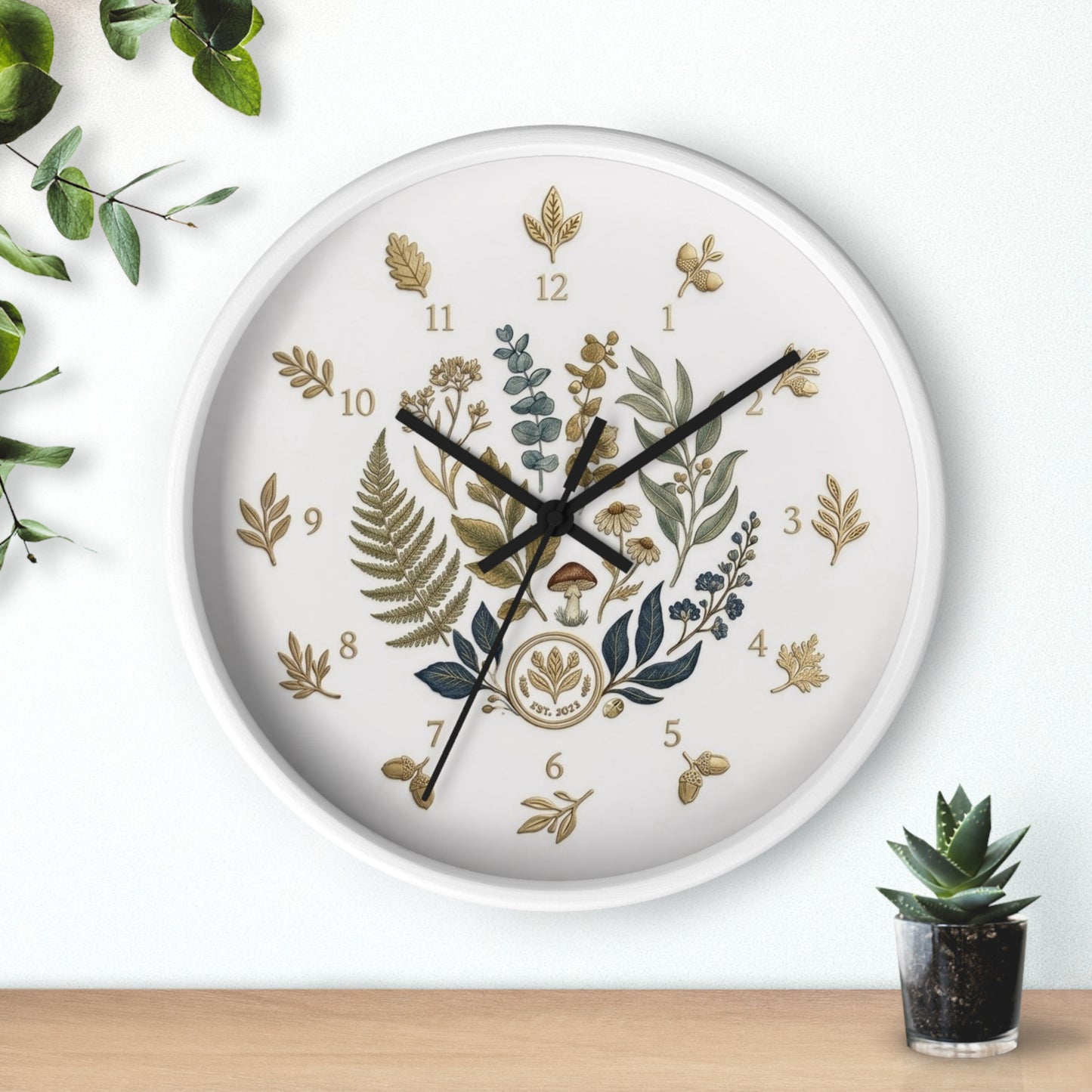 Botanical Wreath Wall Clock | Floral Fern Eucalyptus Illustration