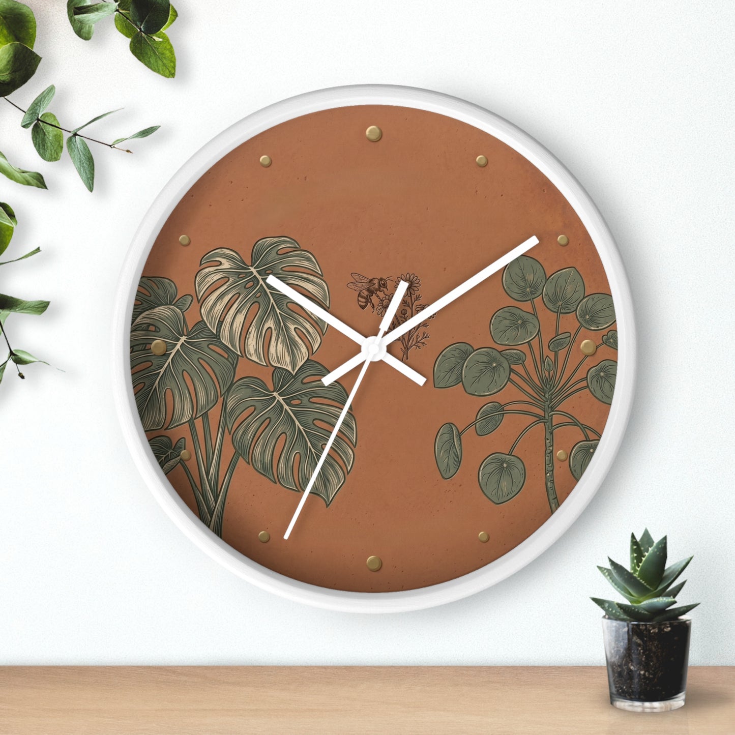 Monstera & Pilea Illustration Wall Clock | Terracotta Botanical Clock