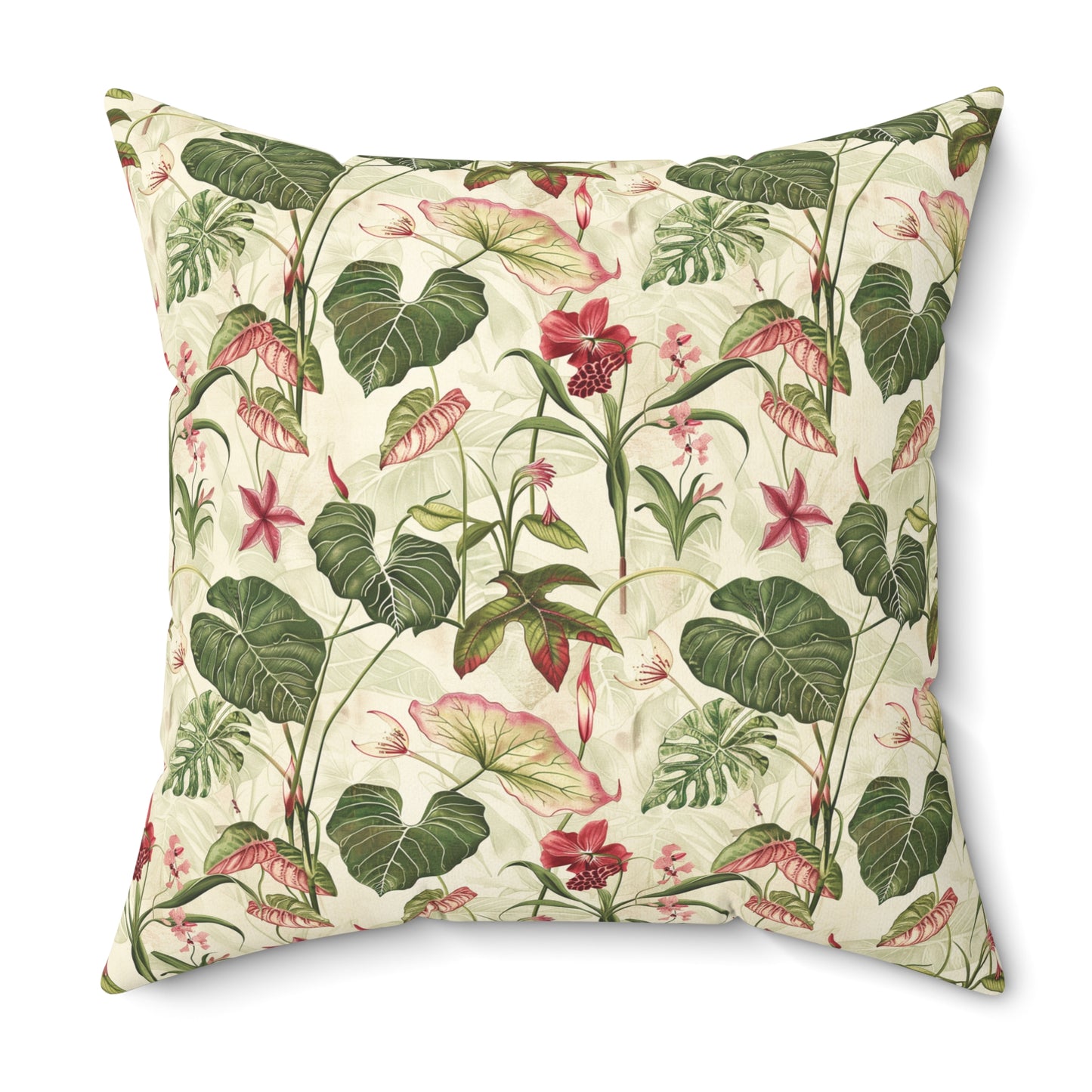 Vintage Botanical Floral Pattern Pillow | Tropical Leaves, Pink Flowers
