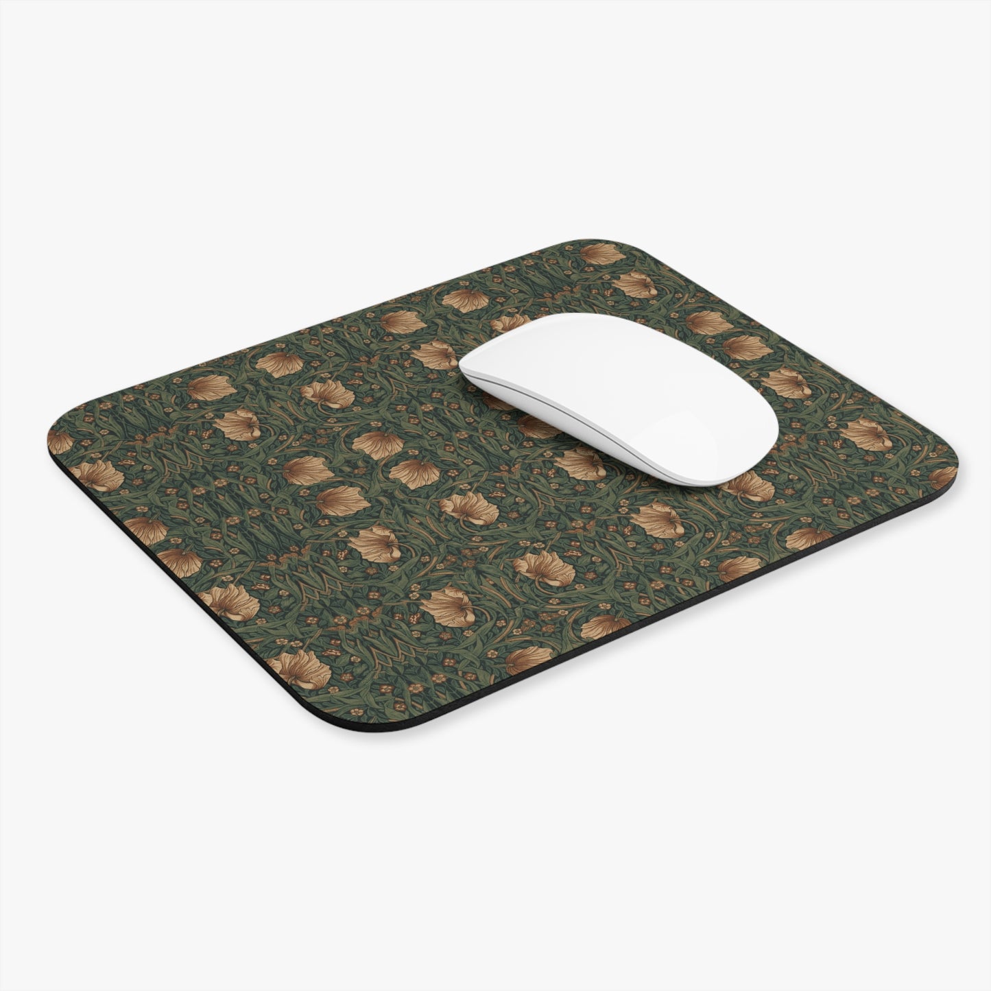 Vintage Floral Pattern Mouse Pad | Botanical Green Poppy Design