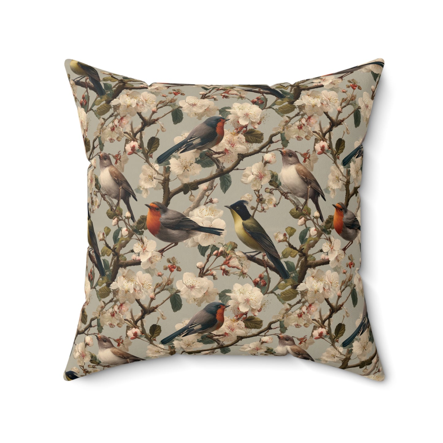 Vintage Floral Songbirds Pillow | Botanical Bird Pattern Square Pillow
