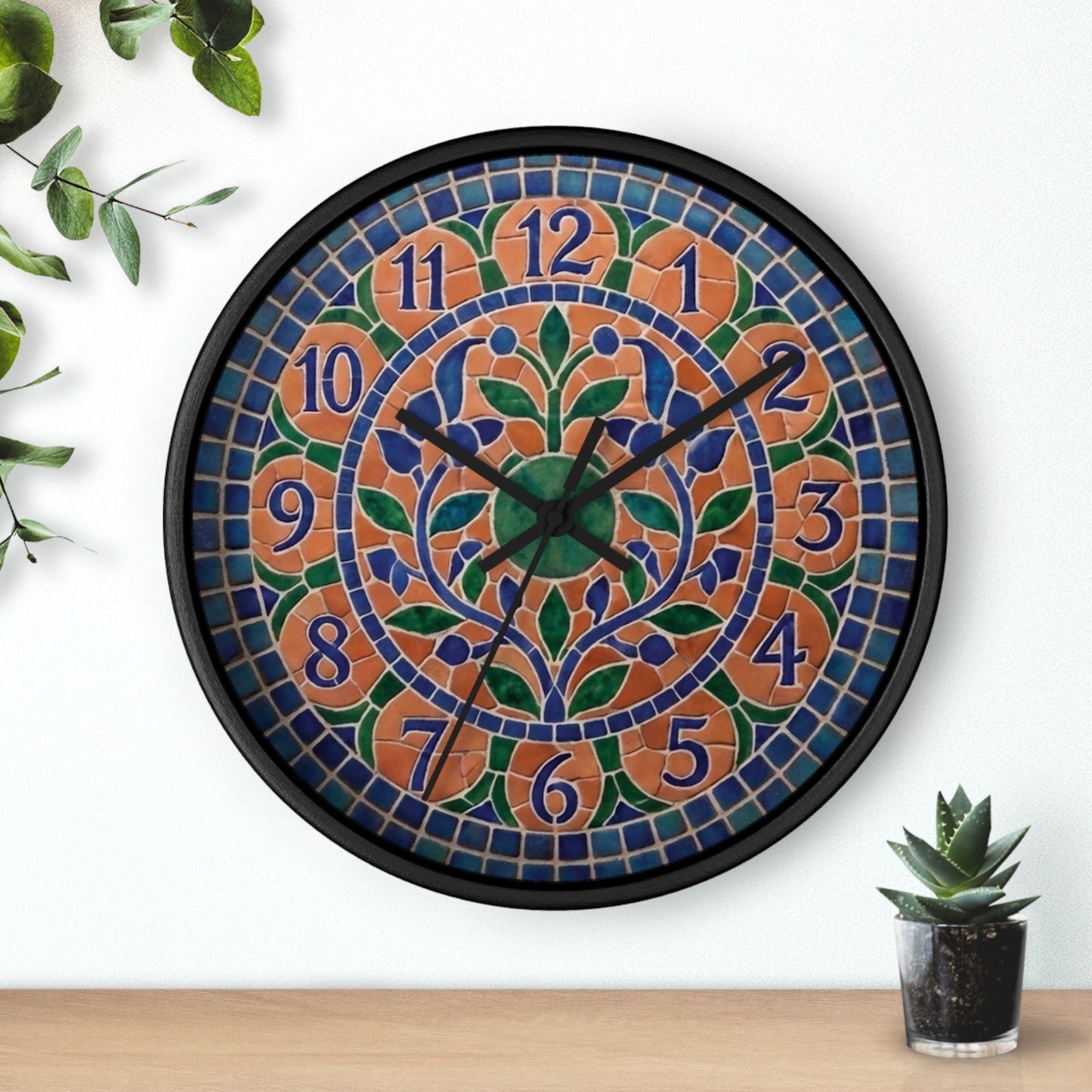 Mosaic Style Wall Clock - Terracotta Azure Blue Floral Print, Mediterranean Botany Decor