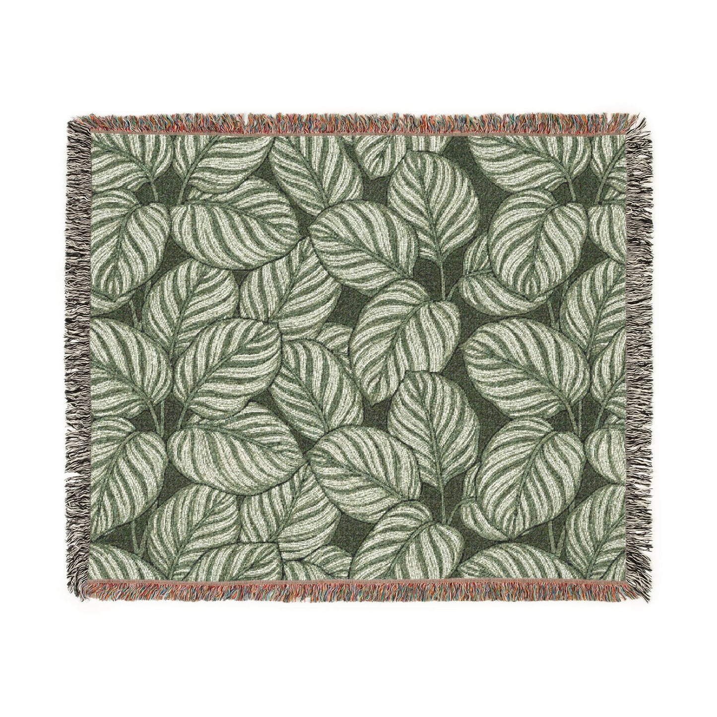 Green Leaf Calathea Orbifolia Pattern Woven Blanket | Botanical Throw, Fringe Edge