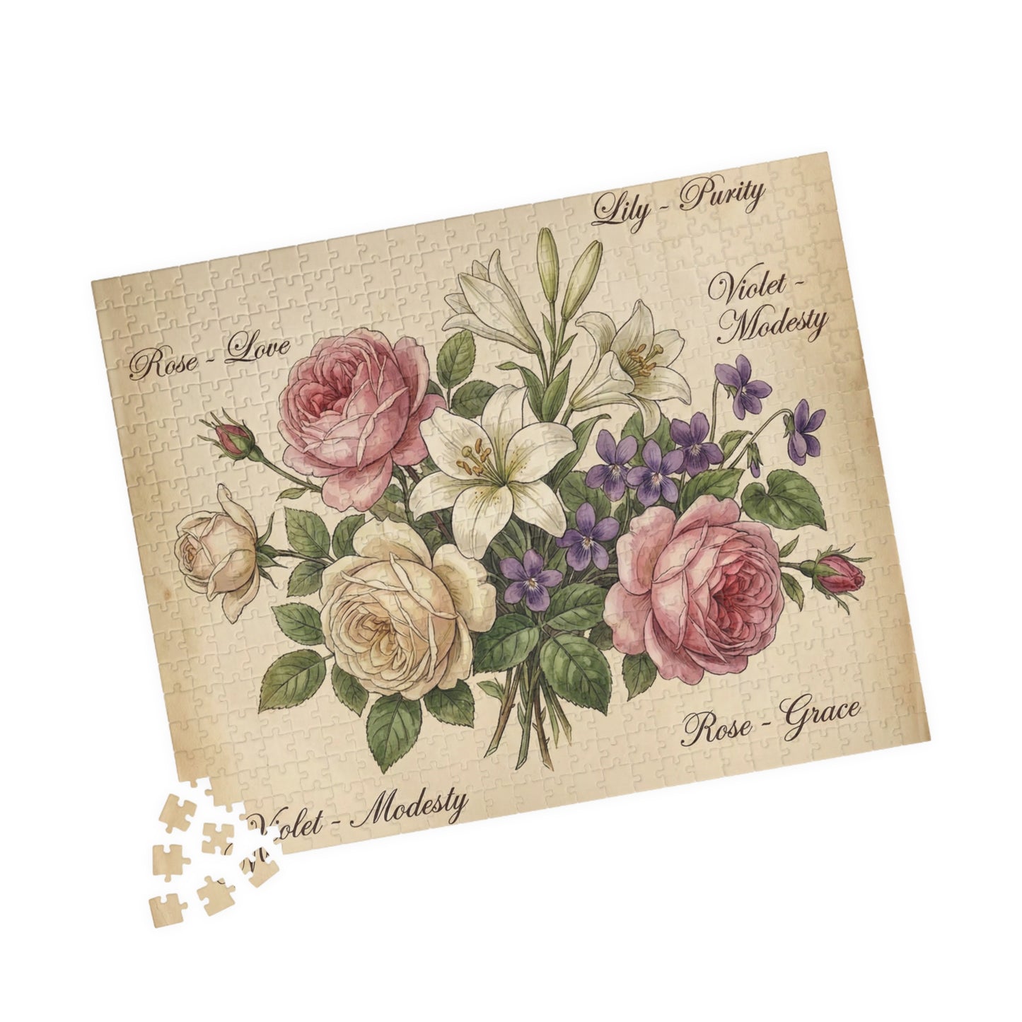 Vintage Floral Bouquet Puzzle | Rose Lily Violet Illustration