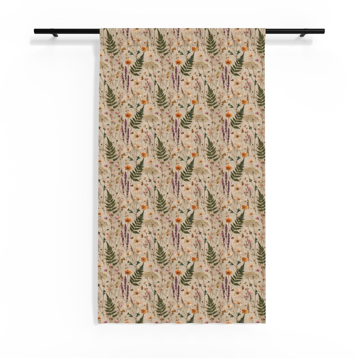 Botanical Fern and Wildflower Pressed Illustration Sheer Window Curtain | Floral Nature Pattern